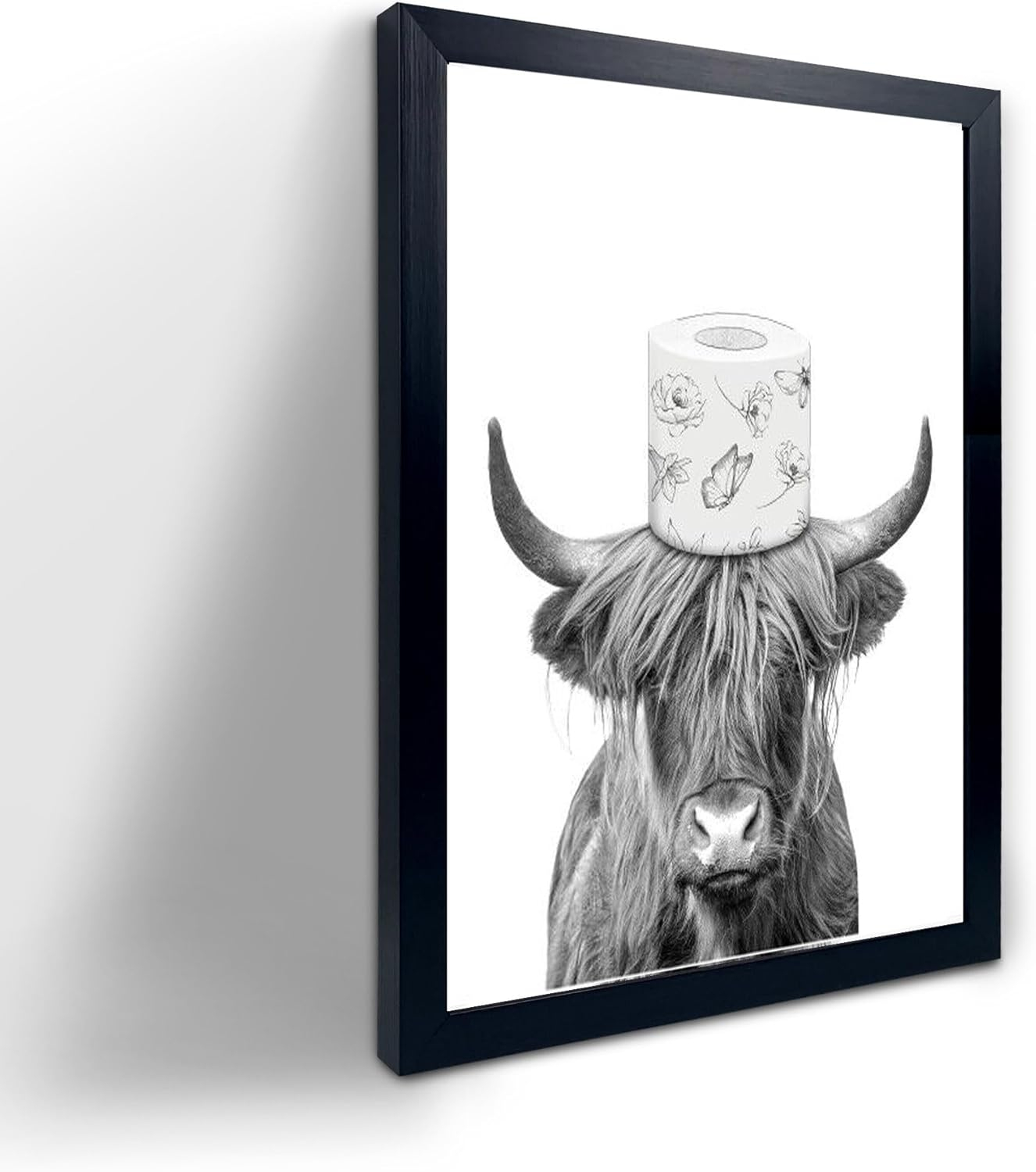 Black Framed Bathroom Decor - Funny Highland Cow Wall Art in Bathtub, Black and White Canvas Cow In Bathroom Picture, Humor Animals Artwork Prints, Rustic Farmhouse Style Wall Decor Ready To Hang for Living Room, Bathroom, Bedroom, Kids Bathroom