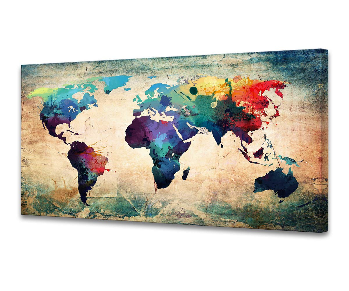Baisuwallart A62075 Abstract World Map Canvas Painting Vintage Posters and Prints Colorful Wall Art Wall Pictures Artwork Framed Ready to Hang for Living Room Bedroom Office Home Decor 30x60inch