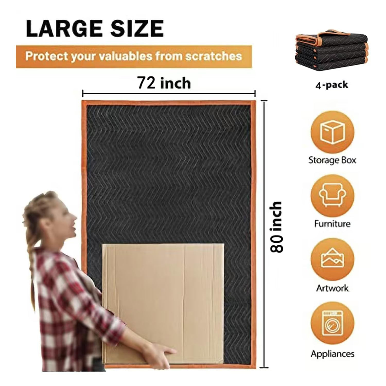 4 Pack Large Moving Blankets 80 * 72in Heavy Duty Packing Blankets for Furniture Moving Shipping Wrapping Quilted Furniture Pads for Moving, Padded Mover Blankets