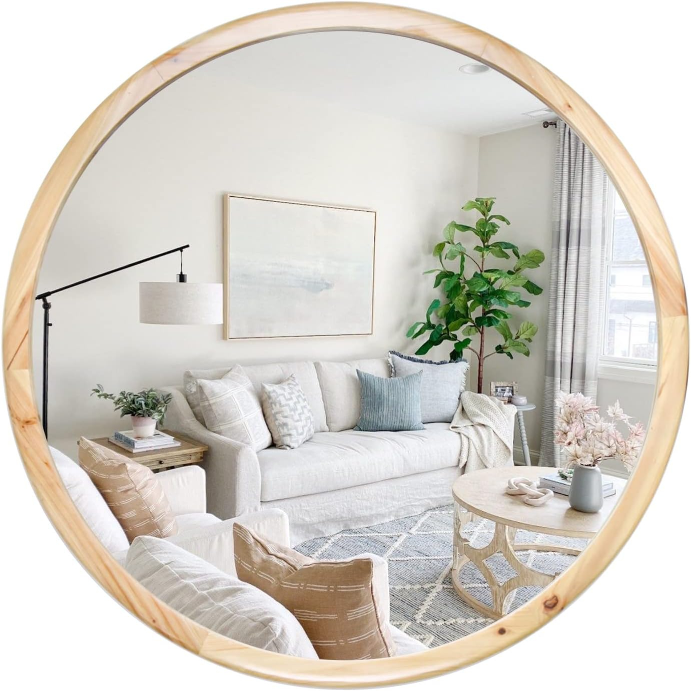 Circle Wooden Wall Mirror,18 inch Round Natural Wood Mirror Large Rustic Farmhouse Decor Mirror for The Living Room,Bathroom,Bedroom