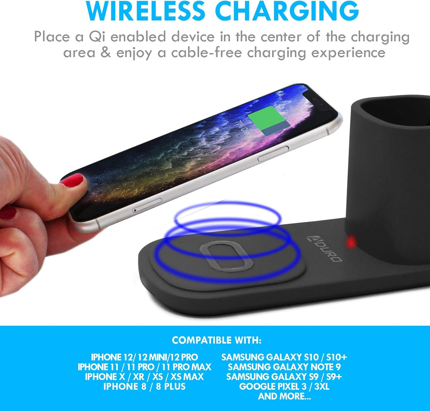 Aduro Lámpara de Escritorio LED U-Light con Cargador Inalámbrico y Organizador Negro