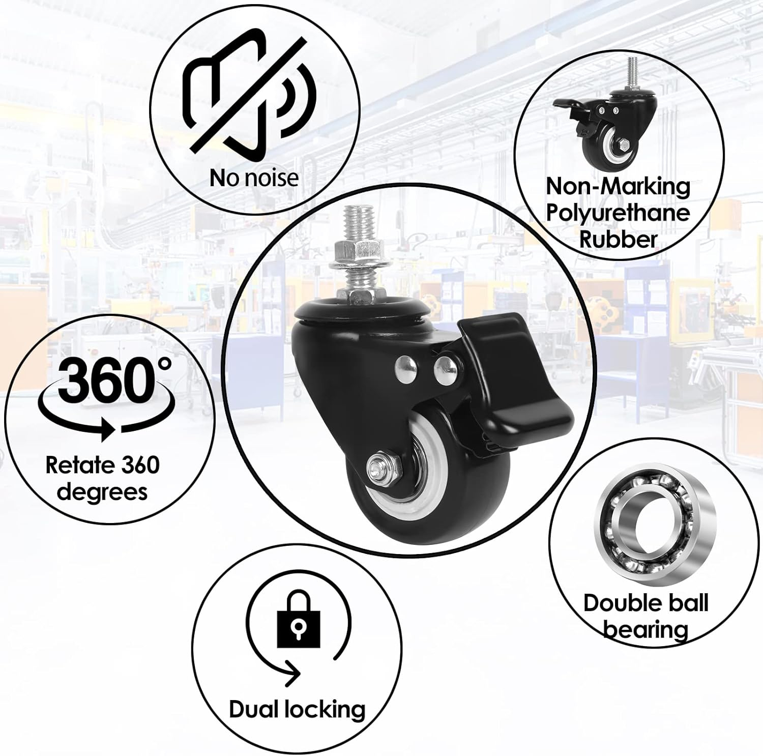 2'' Caster Wheels, Swivel Stem Casters 5/16'' - 18x1'' (Screw Diameter 5/16'', Screw Height 1'') 330Lbs Heavy Duty Threaded Casters No Noise PU Dual Locking Castors with Brake
