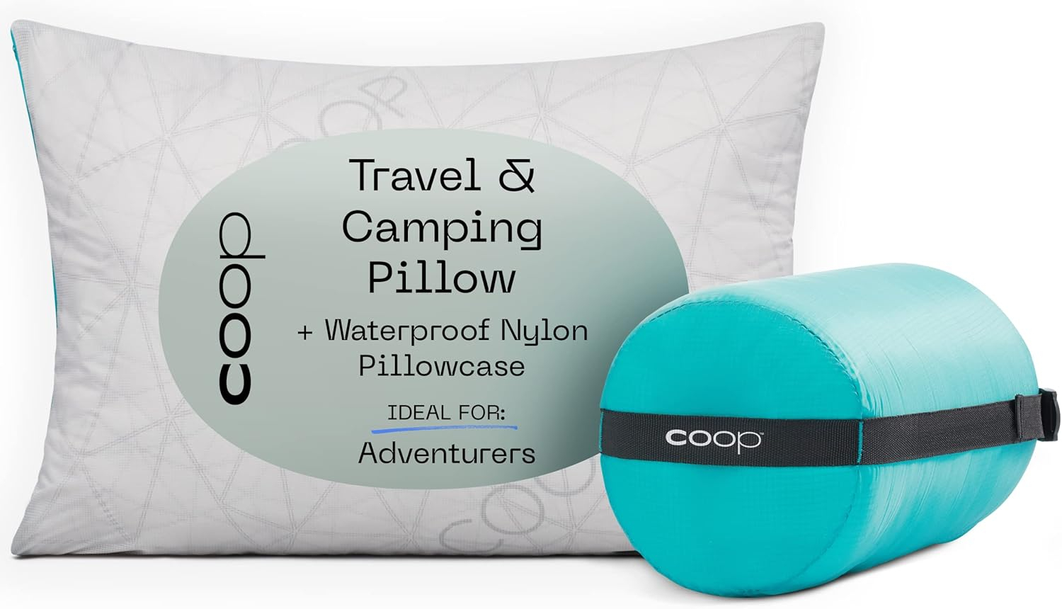 Coop Home Goods Adjustable Travel Pillow - 1 Camping Pillow and 1 Grey Pillowcase Bundle w/ Compressible Stuff Sack
