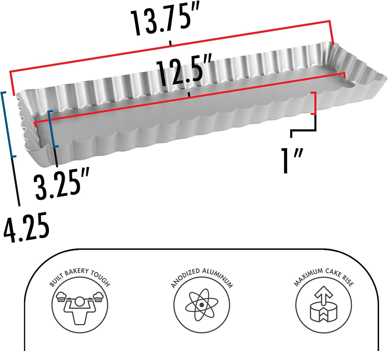 Silver Aluminum Rectangular Fluted Tart Pan with Removable Bottom