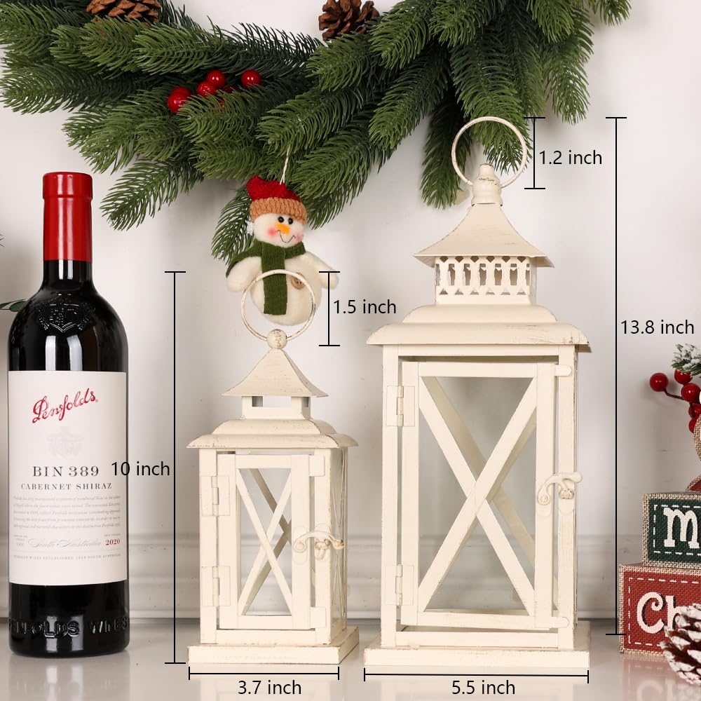 Lanterns Decorative Outdoor&Indoor, Set of 2 (14"&10") Beige Metal Lantern Decor with Glass, Candle Holder for Porch, Patio, Garden, Balcony, Wedding, Table Centerpiece