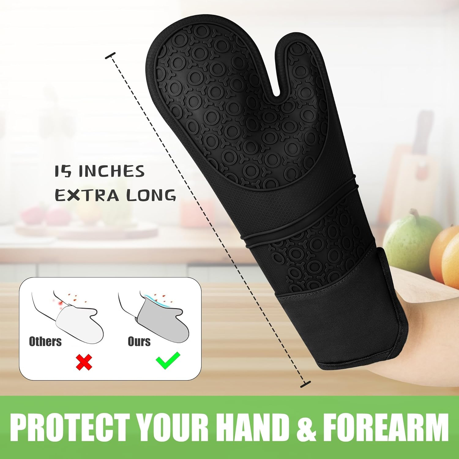 Extra Long Black Silicone Oven Mitts and Pot Holders Set