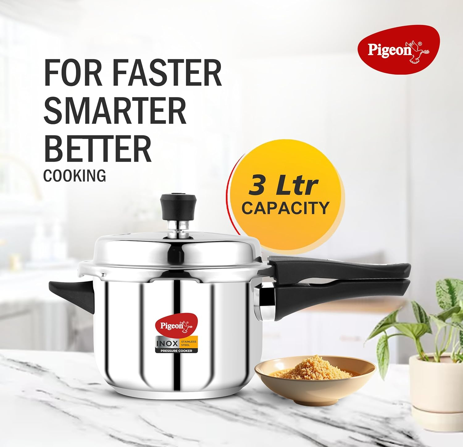 Pigeon Pressure Cooker - 3 Quart - Inox Stainless Steel Outer Lid Induction Base - Cook delicious food in less time: soups, rice, legumes, and more - 3 Liter