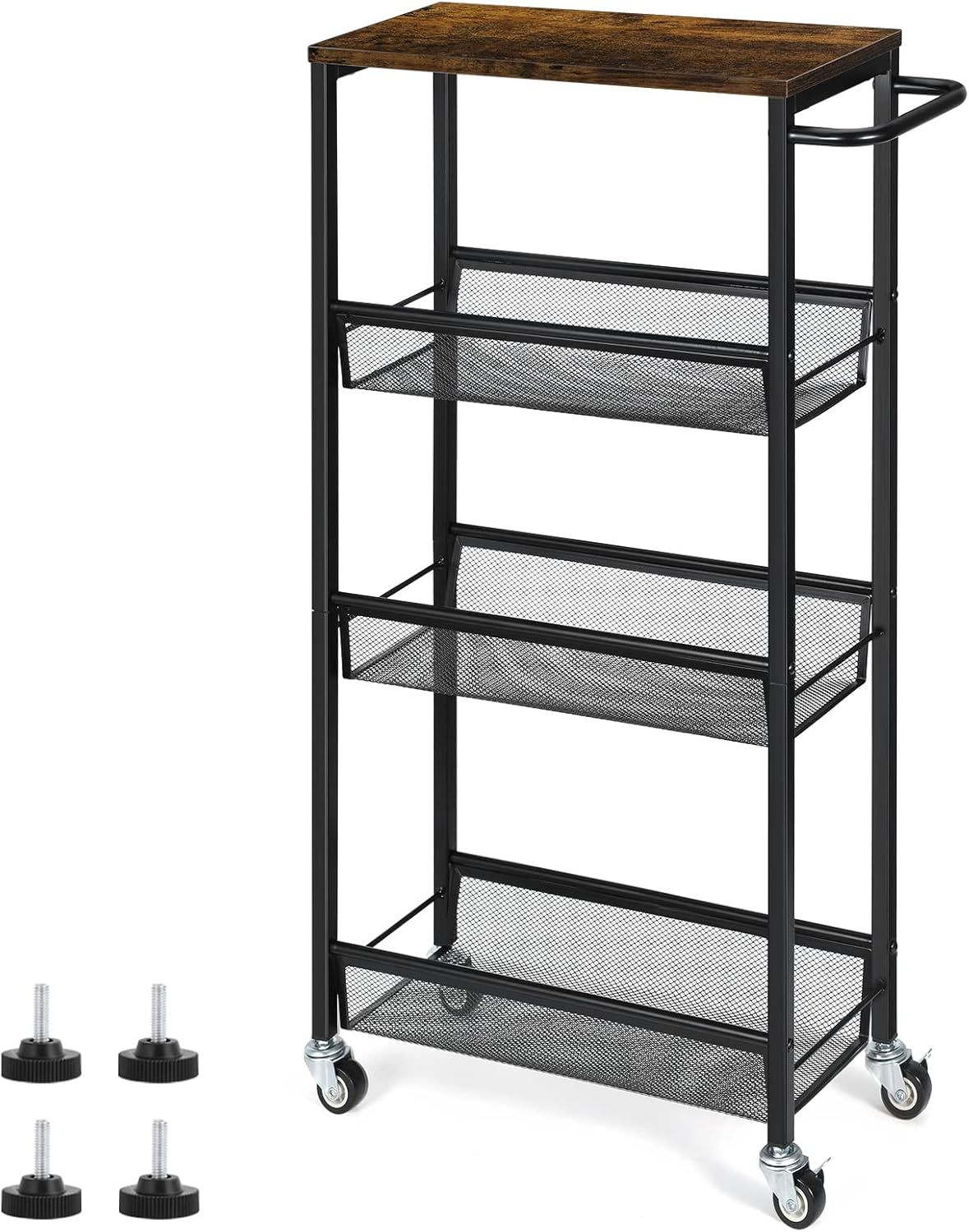 NANANARDOSO 4 Tier Slim Storage Cart, Shelving Unit for Small Space, Rolling Cart with Wooden Top and Metal Handle for Narrow Space on Kitchen, Bathroom, Laundry Room, Black.