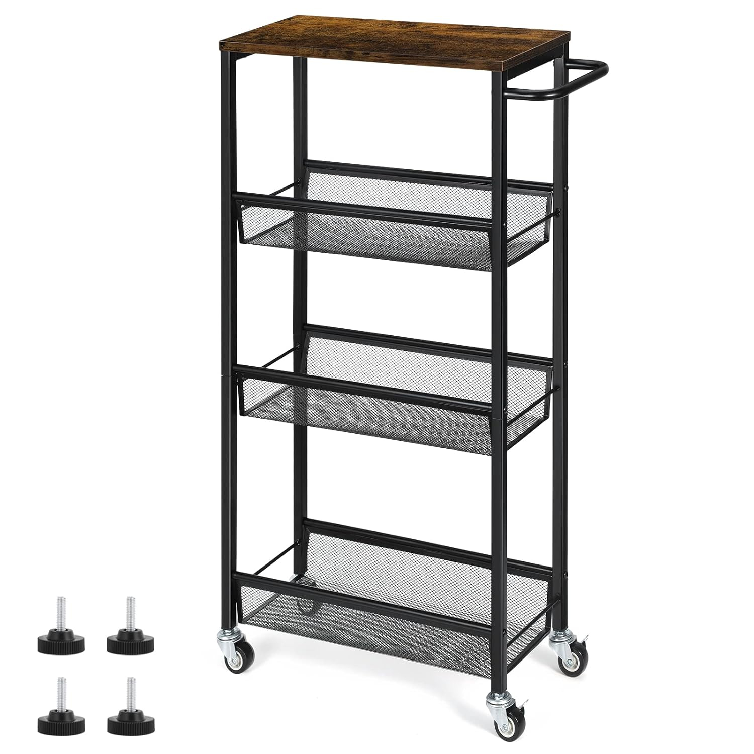 NANANARDOSO 4 Tier Slim Storage Cart, Shelving Unit for Small Space, Rolling Cart with Wooden Top and Metal Handle for Narrow Space on Kitchen, Bathroom, Laundry Room, Black.