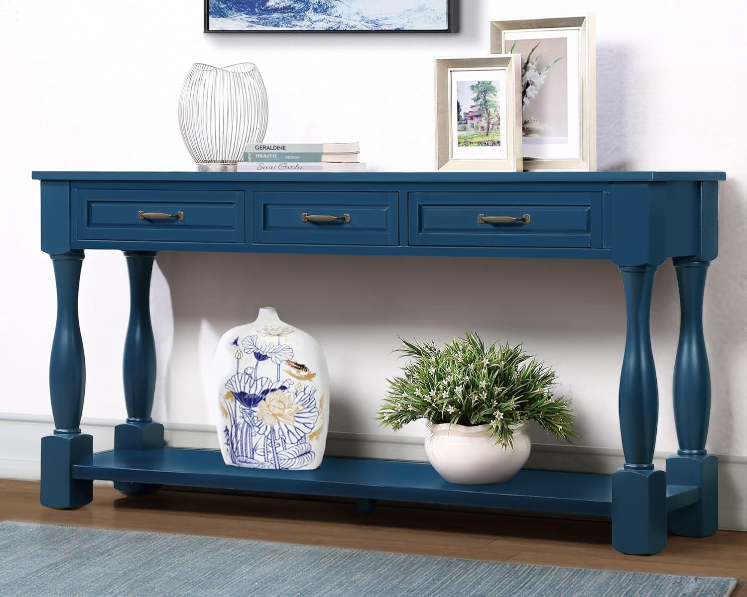 LKTART Solid Wood Console Table for Entryway,Long Sofa Table with 3 Drawers for Hallway,Foyer,Entry,Easy Assembled (63" Navy Blue)