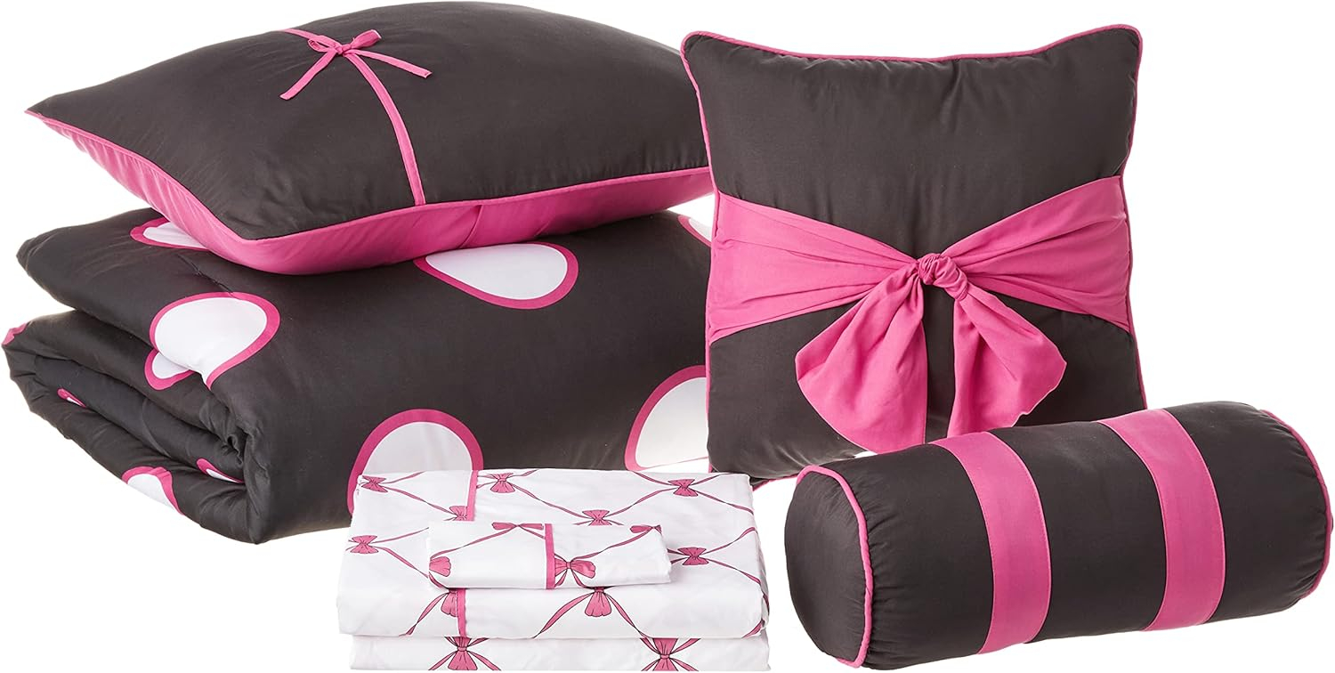 VCNY Home Kids' Sophie 8-Piece Black/Pink Polka Dot Polyester Bed in a Bag, Twin, Girls