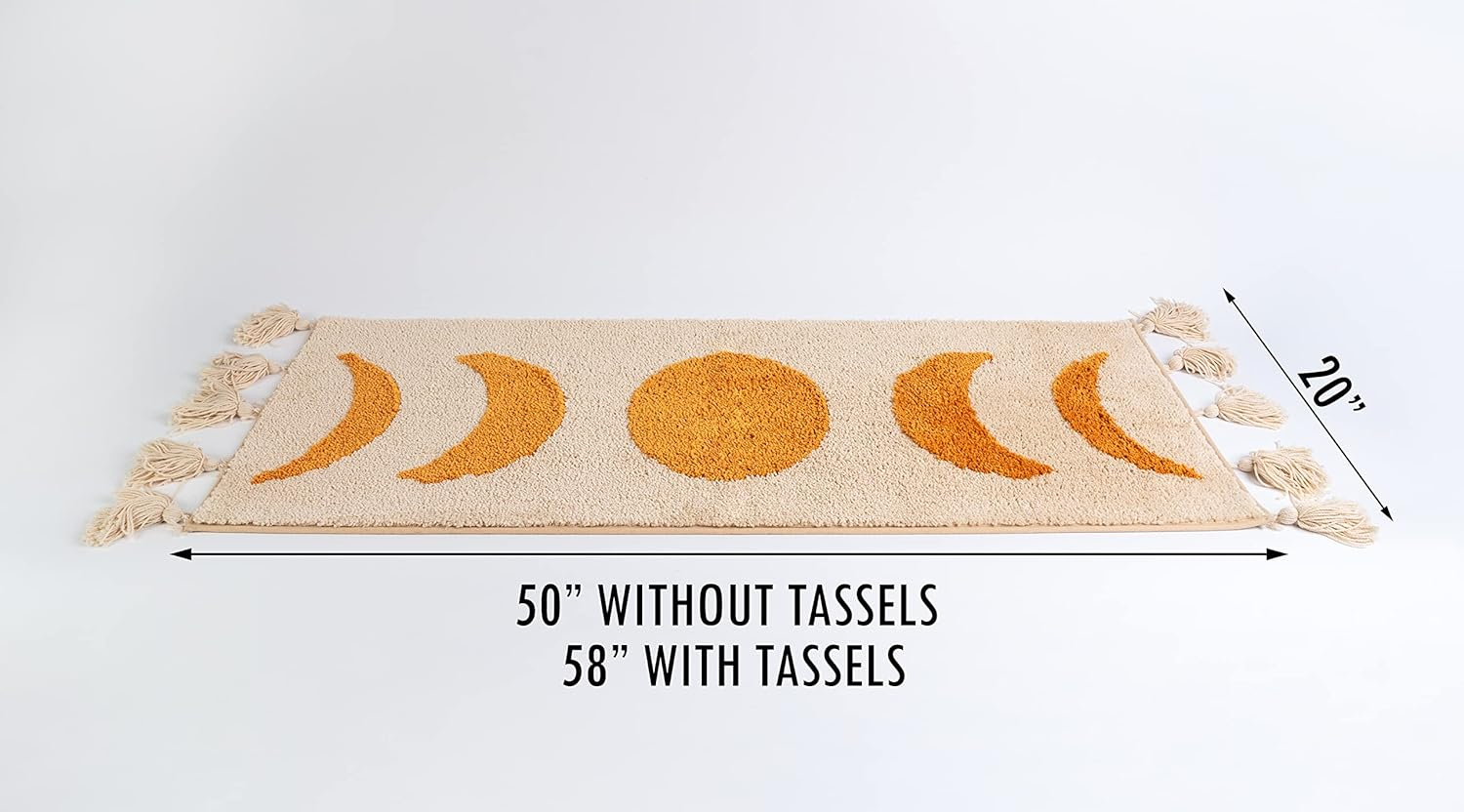 Boho Bathroom Rug Runner Moon Phases Bath Mat with Tassels - Half Moon Bohemian Rugs for Bathroom, Bedroom, Shower Moon Rug for Hippie, Witchy Decor - Boho Area Rug Beige Neutral Creamy Orange 20x50