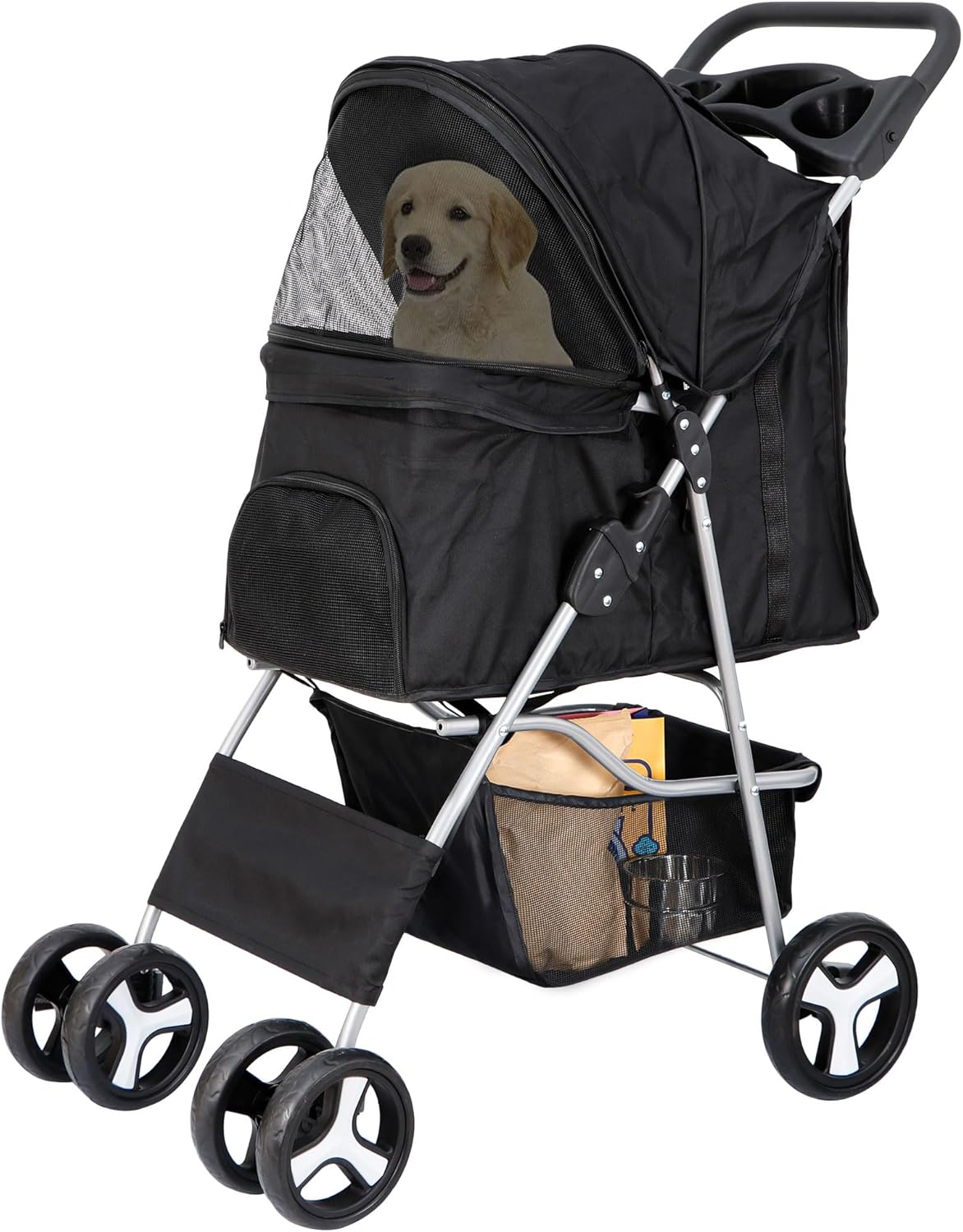 4 Wheels Pet Stroller Dog Cat Stroller for Small Medium Dog Cats Foldable Carrier Jogger Travel Puppy with Storage Basket and Cup Holder (Black)