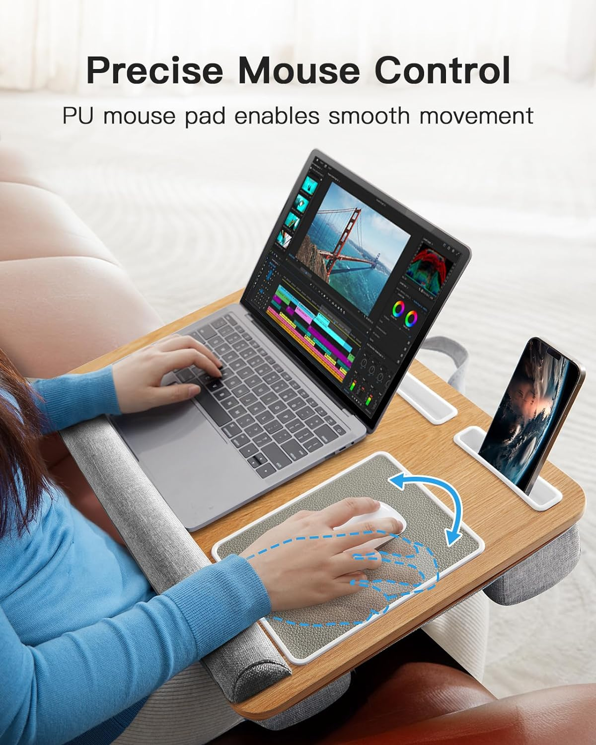 HUANUO Lap Desk - Fits up to 17 inches Laptop Desk, Built in Mouse Pad & Wrist Pad for Notebook, Laptop, Tablet, Laptop Stand with Tablet, Pen & Phone Holder (Wood Grain)