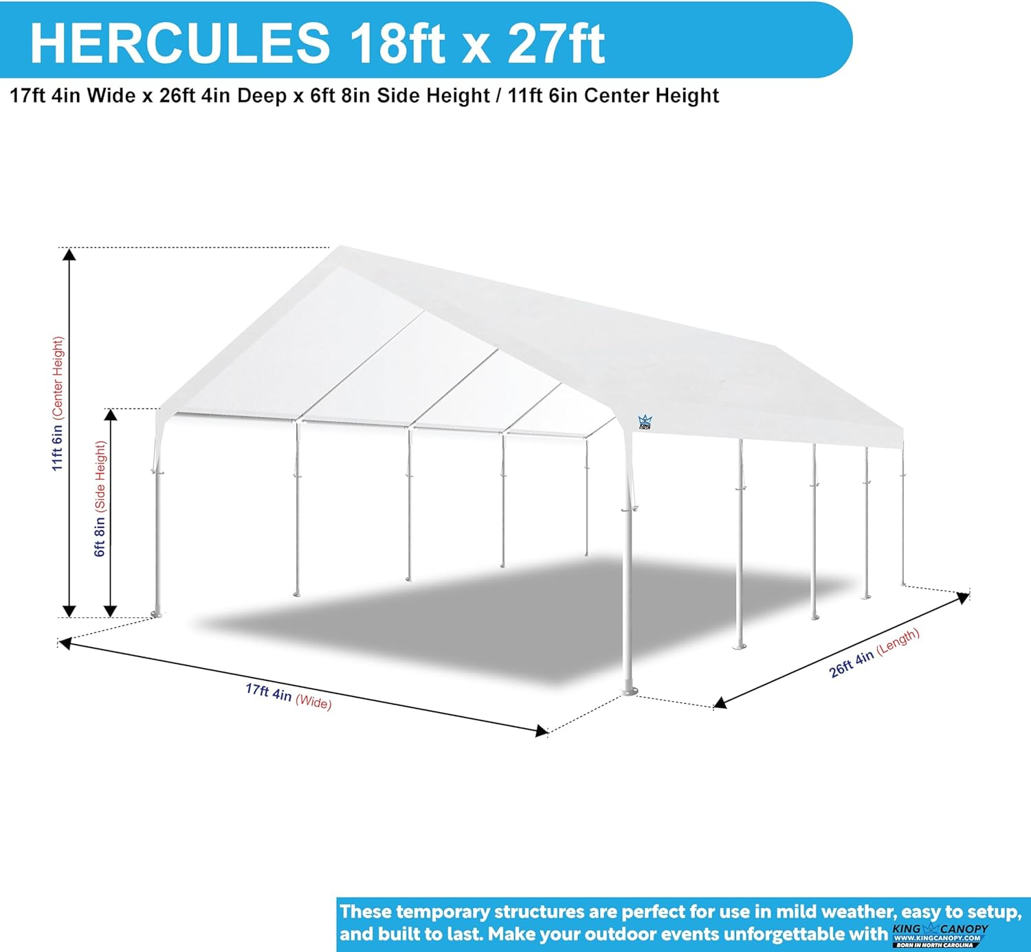 King Canopy  Hercules 18ft x 27ft, 2in Hammertone Steel Frame w/ buttons, 10-Leg, Carport, White