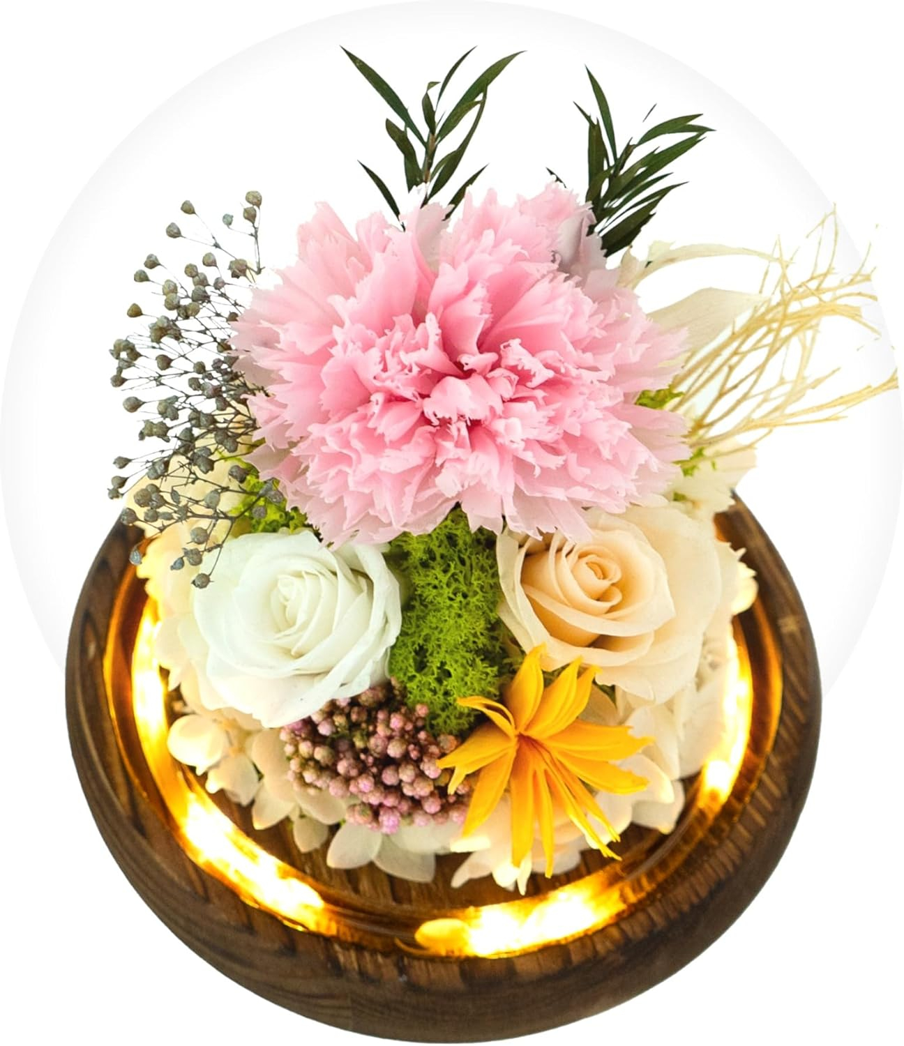 Preserved Flowers Rose in Glass Dome w/Light - Long Lasting Flowers, Flower Gifts for Women for Any Occasion - Home Decor, Comes w/Thick Gift Box - Glass Rose Flowers - White/Pink