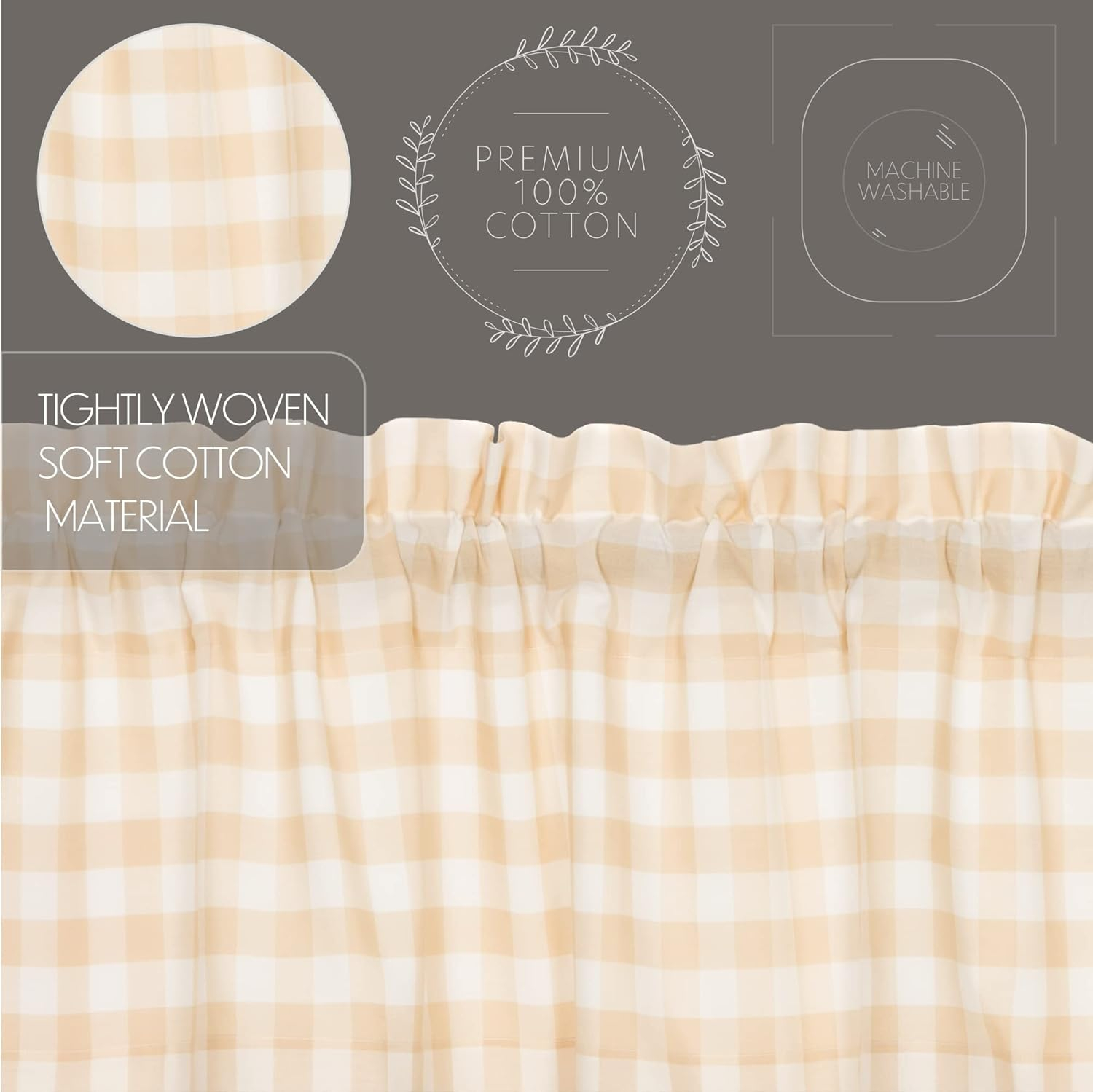 Annie Buffalo Check Tan and White Cotton Rod Pocket Valance, 16x60