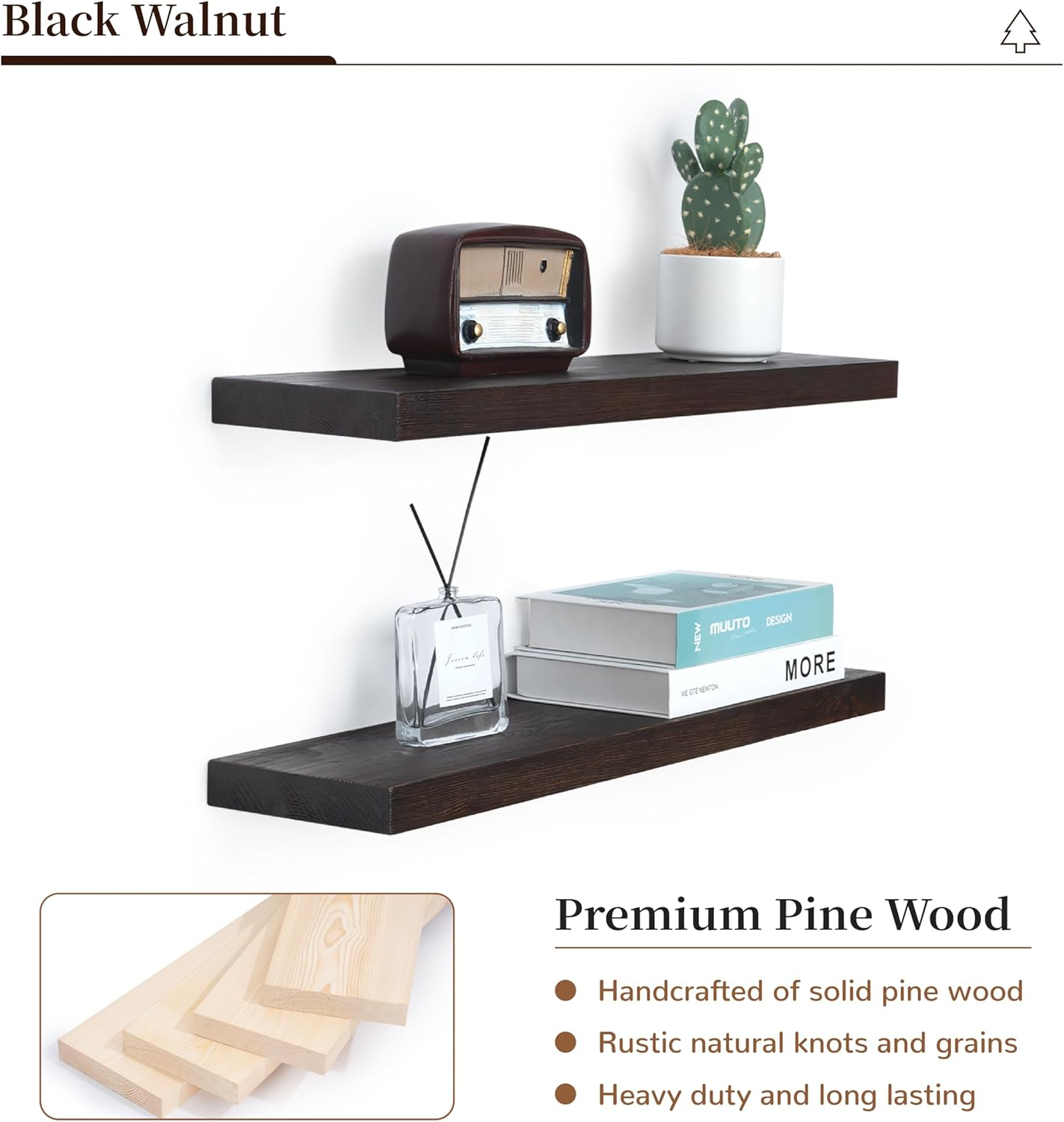 Marsmiles Wood Floating Shelves for Wall - 24 Inch Dark Wood Shelves Set of 2 - Dark Wooden Floating Shelves for Fireplace Living Room Bedroom