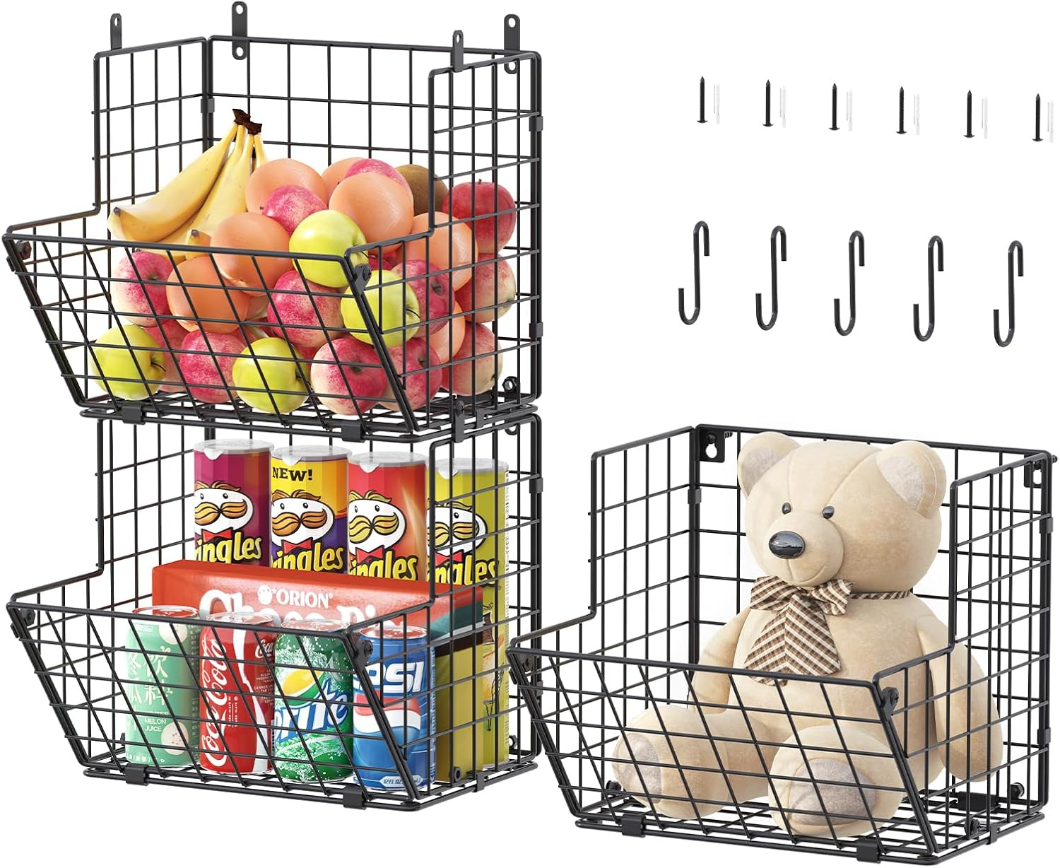 VOMGEB1 3-Tier Wall-Mounted Metal Wire Basket Organizer with 5 S Hooks