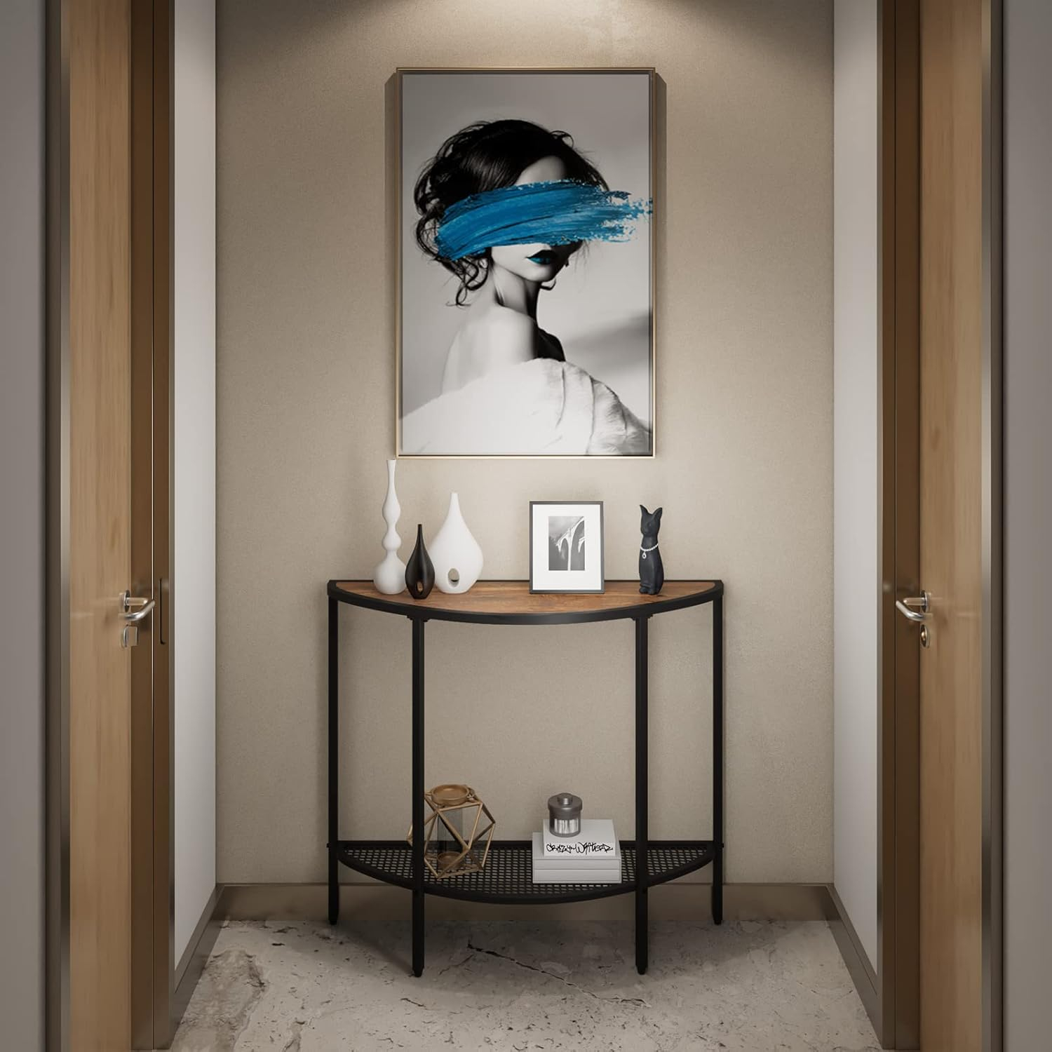 Console Table 2 Tier Narrow Entryway Table with Storage Half Moon Sofa Couch Table Mid Century Modern Small Entry Way Tables , Easy Assembly, Dark Walnut Top