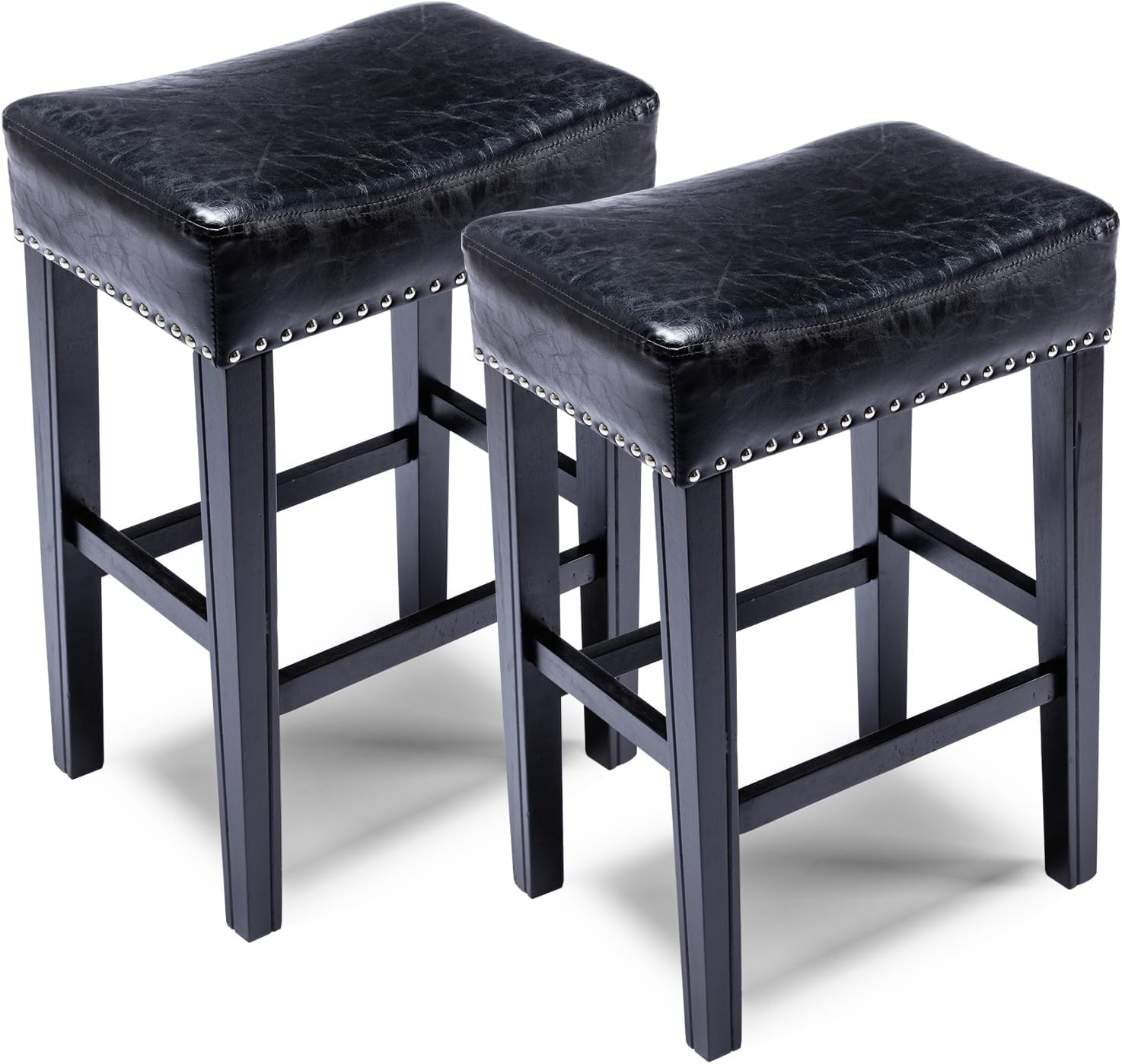 Lecut 26 Inch Wood Saddle Seat Barstool Set of 2 PU Leather Kitchen Counter Stools Nailhead Wood Pub-Height Saddle Stool Black