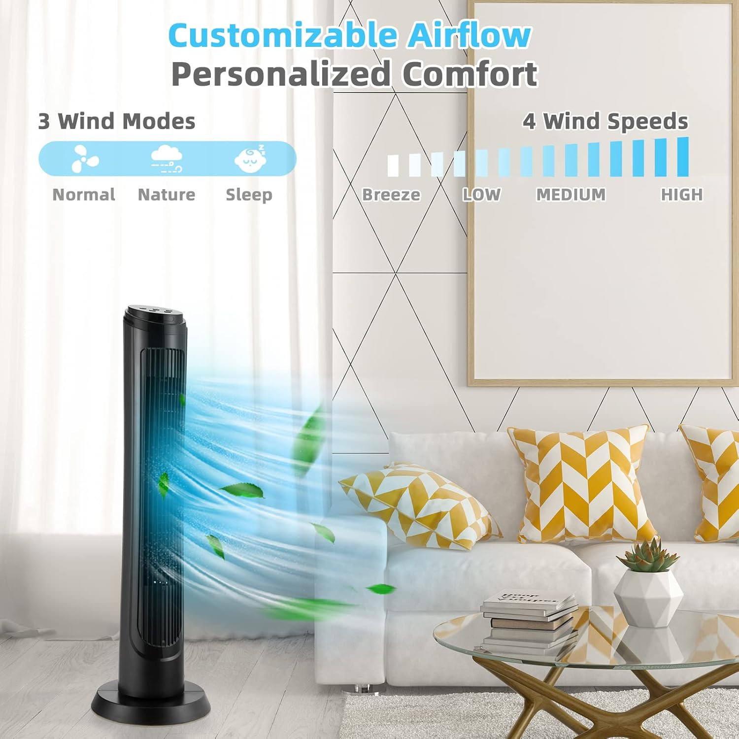 Topcobe 40" Tower Fan with Remote 75˚ Oscillating Fan with 3 Wind Modes and 4 Wind Speeds, Smart Floor Fans for Bedroom, Standing Bladeless Fan, Black
