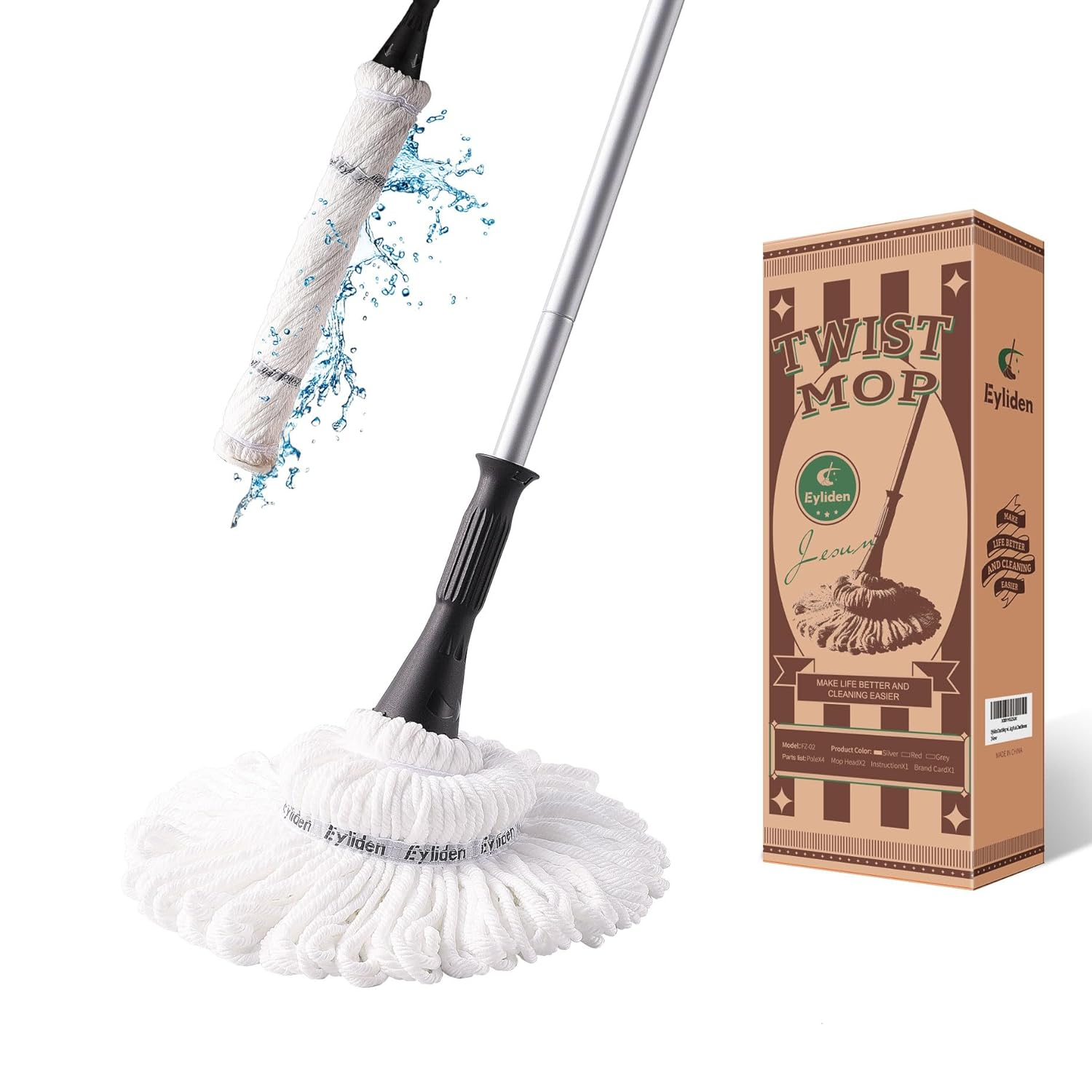 Eyliden Cotton Twist Mop for Floor Cleaning with 2 Reusable Heads, 57.5 inch Silver Long Handle, White Color