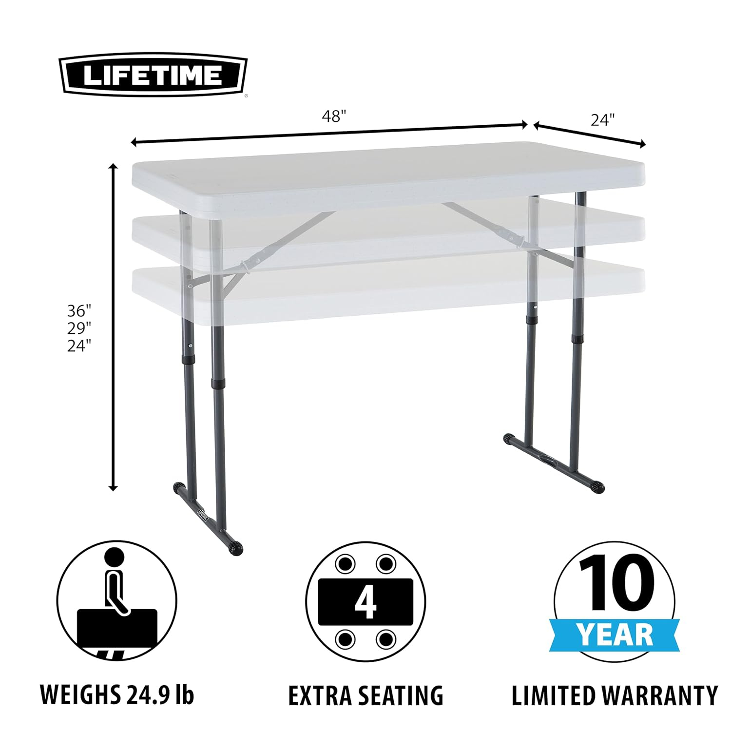 Lifetime 4 Foot Adjustable Rectangle Folding Table, Indoor/Outdoor Commercial Grade, White Granite (80160)