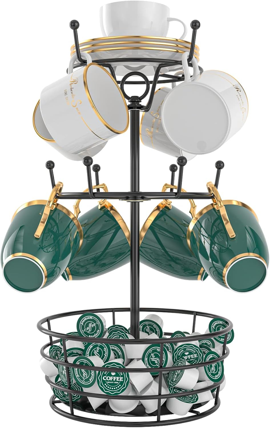 360° Rotating Coffee Mug Holder - Metal 3 Tier Mug Tree Rack Cup Holder for Countertop with 10 Hooks, Coffee Pods Holder for Bar Organizer Kitchen Counter - Black