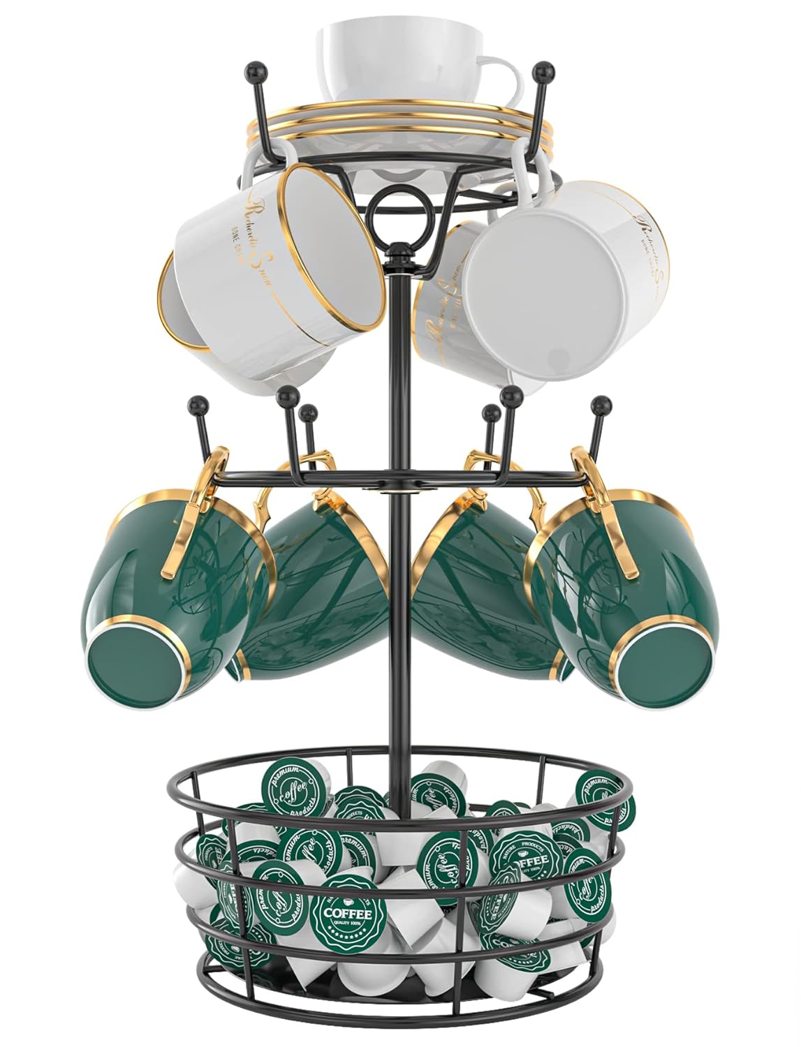 360° Rotating Coffee Mug Holder - Metal 3 Tier Mug Tree Rack Cup Holder for Countertop with 10 Hooks, Coffee Pods Holder for Bar Organizer Kitchen Counter - Black