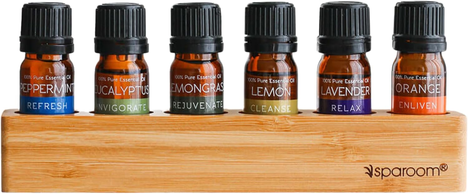 SpaRoom 100% Pure Essential Oils Set; Perfect for Aromatherapy, Diffusers, Humidifiers and Home Care, Spa Day Set of 6 with Bamboo Holder