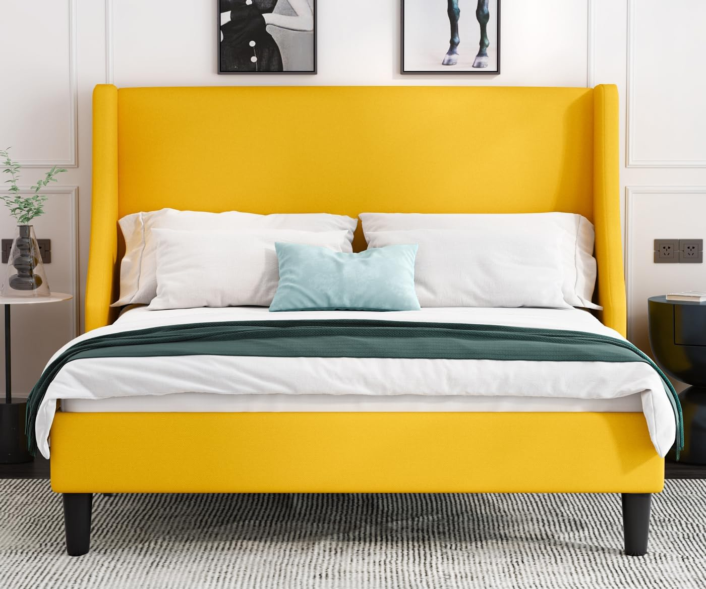 Allewie Platform Bed Frame Queen Size with Upholstered Headboard, Modern Deluxe Wingback, Wood Slat Support, Mattress Foundation, Light Yellow