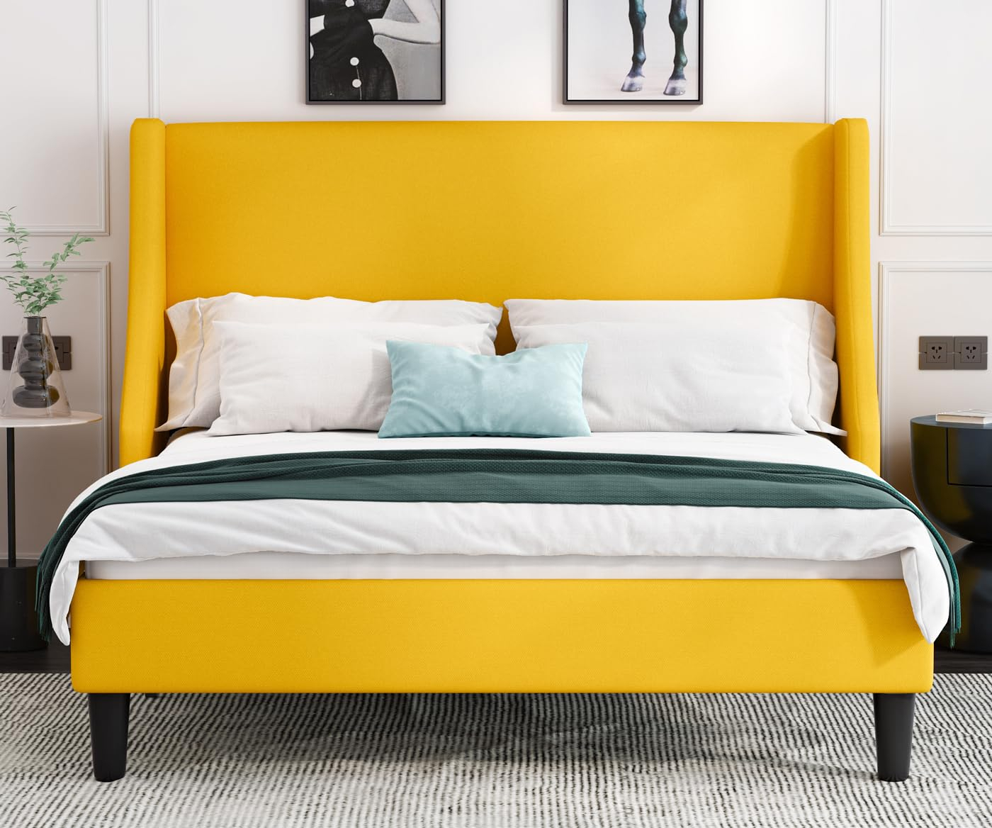 Allewie Platform Bed Frame Queen Size with Upholstered Headboard, Modern Deluxe Wingback, Wood Slat Support, Mattress Foundation, Light Yellow