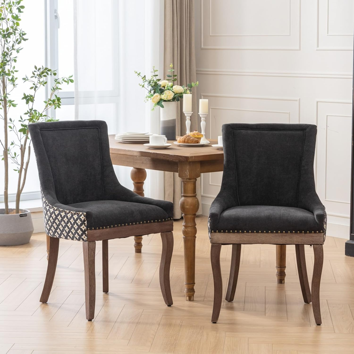Upholstered Dining Chairs Set of 2, Solid Wood Kitchen Dining Room Chairs with Thicken Padded and Nailhead Trim for Home Kitchen Bedroom Black and Patterned