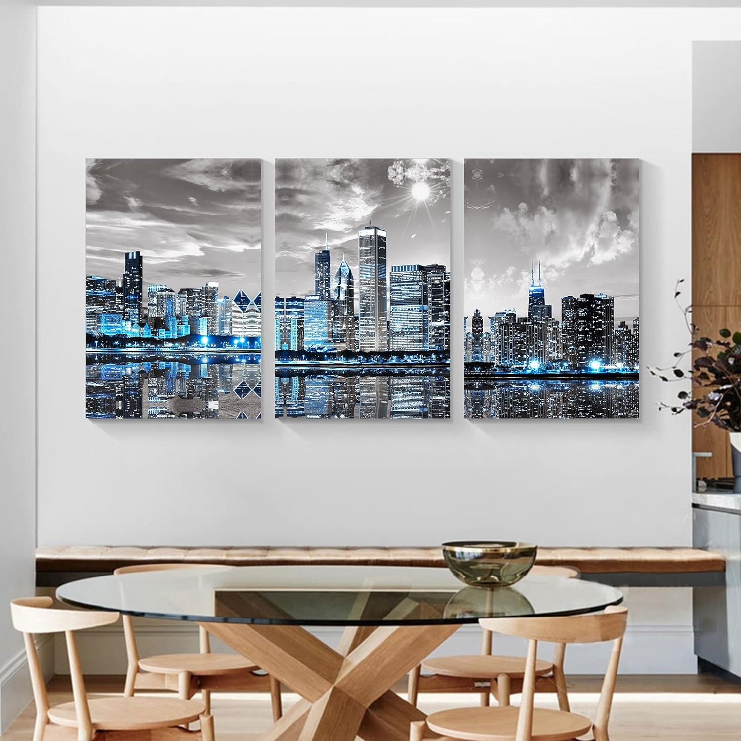 Modern Blue and Gray Chicago Skyline Canvas Wall Art Set
