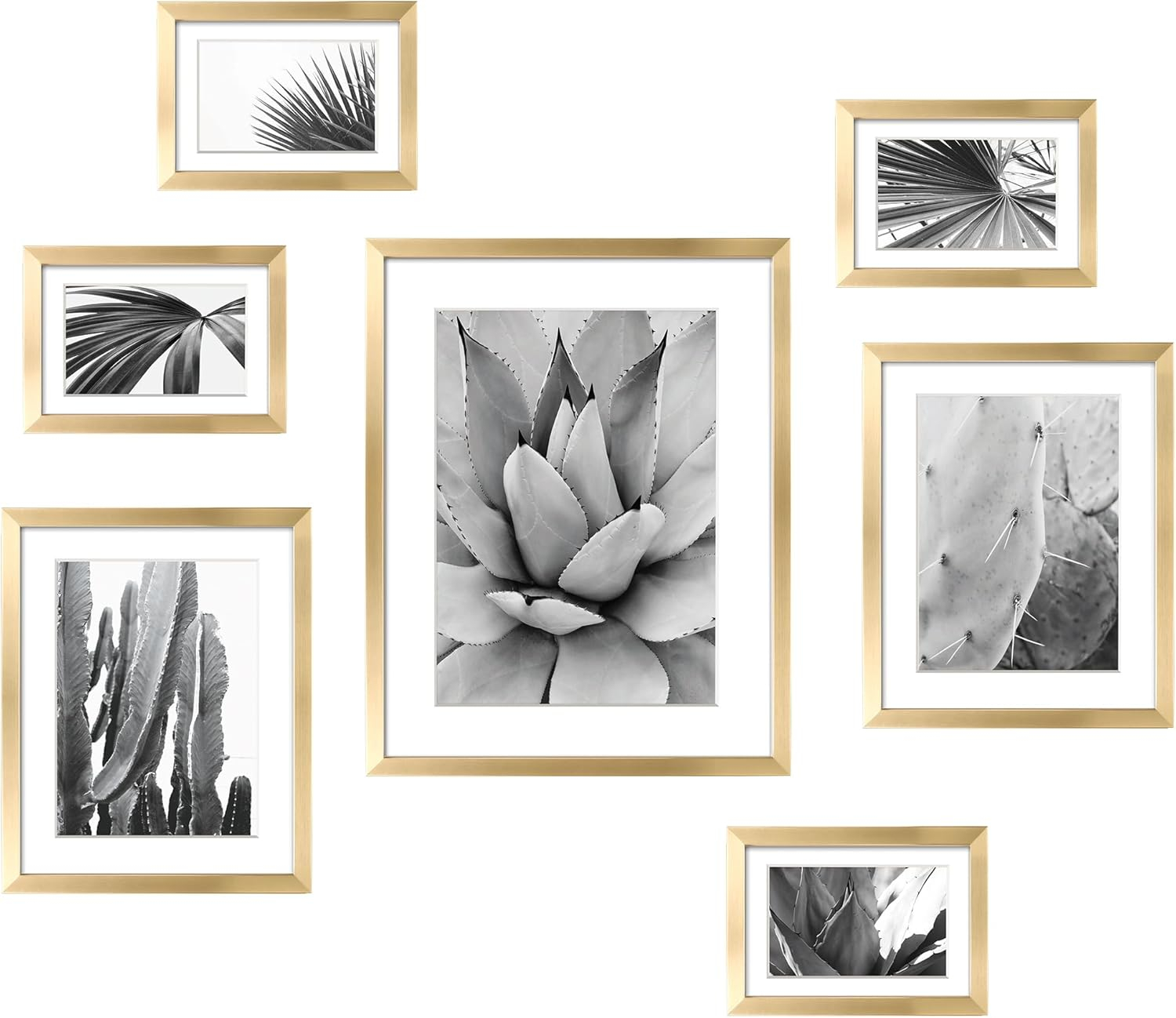 ArtbyHannah 7 Pack Gold Gallery Wall Picture Frames Sets with Decorative Botanical Art Prints for Photo Frame Collages for Home Decoration, Multiple Sizes 11x14x1, 8x10x2, 5x7x4