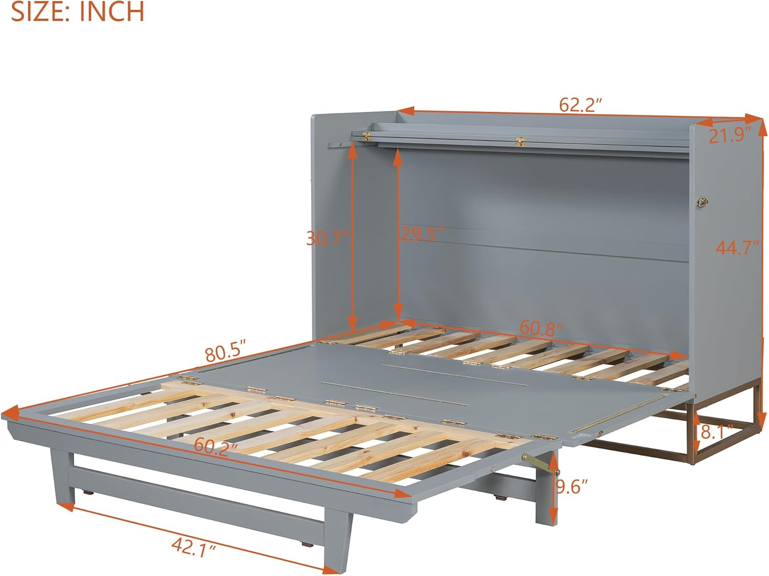 Harper & Bright Designs Queen Size Murphy Bed, Wooden Queen Wall Bed Frame with Iron Legs, Modern Design, Gray