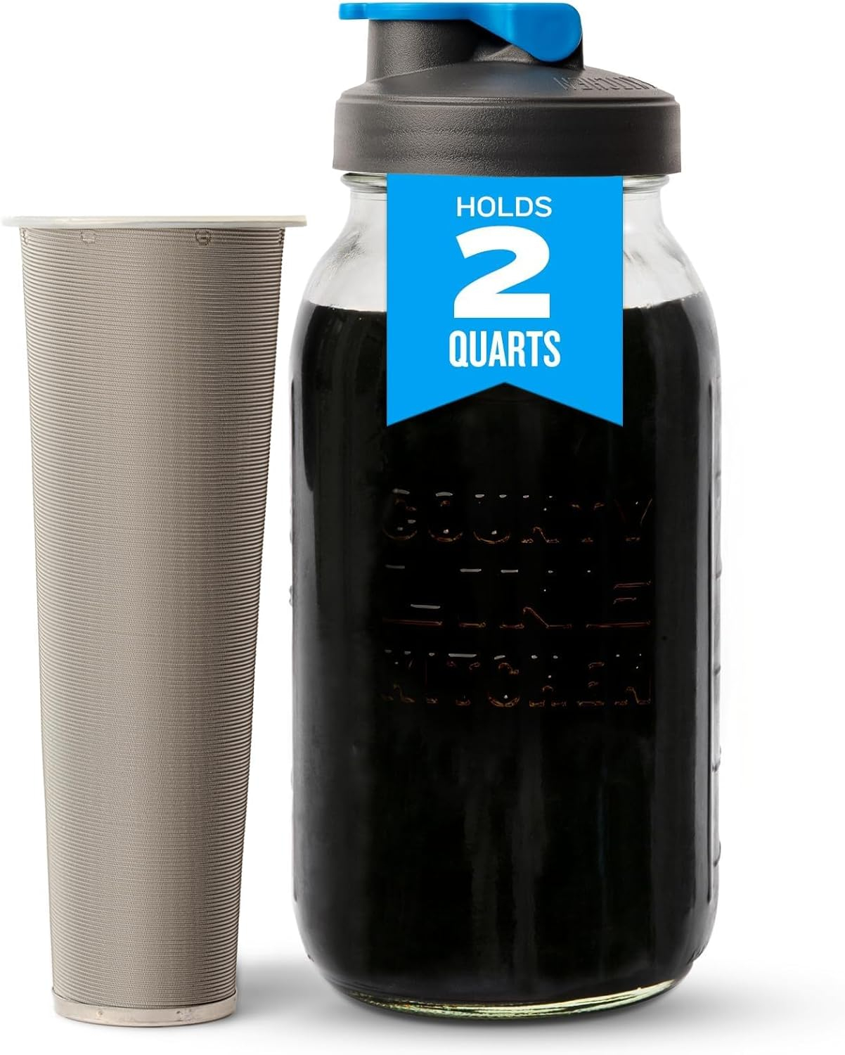 County Line Kitchen Mason Jar Cold Brew Coffee Maker, 2 Quart, with Flip Cap Lid
