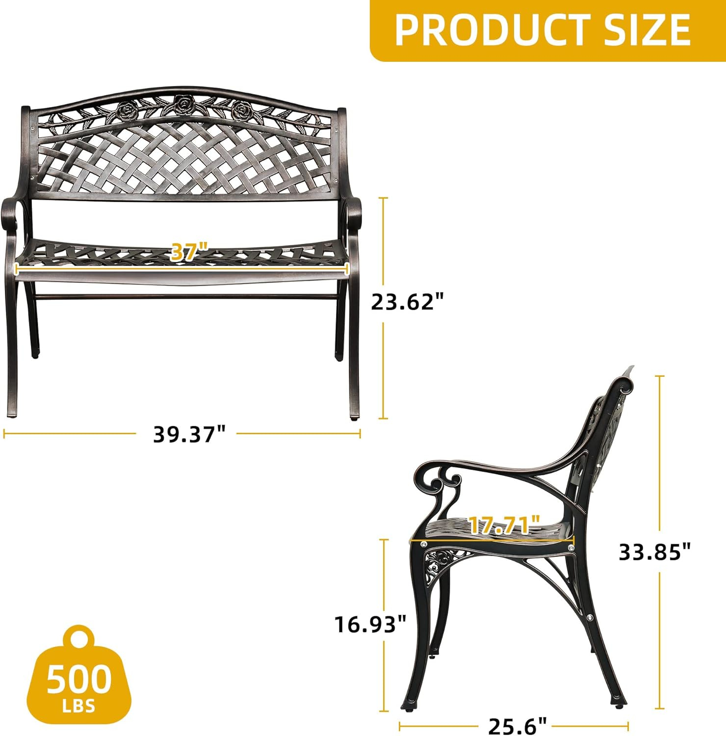 DWVO Cast Aluminum Outdoor Bench, 39.4’’ Patio Garden Benches for Outdoors, Metal Frame Patio Bench for Backyard, Lawn, Deck, Porch, Park, Bronze