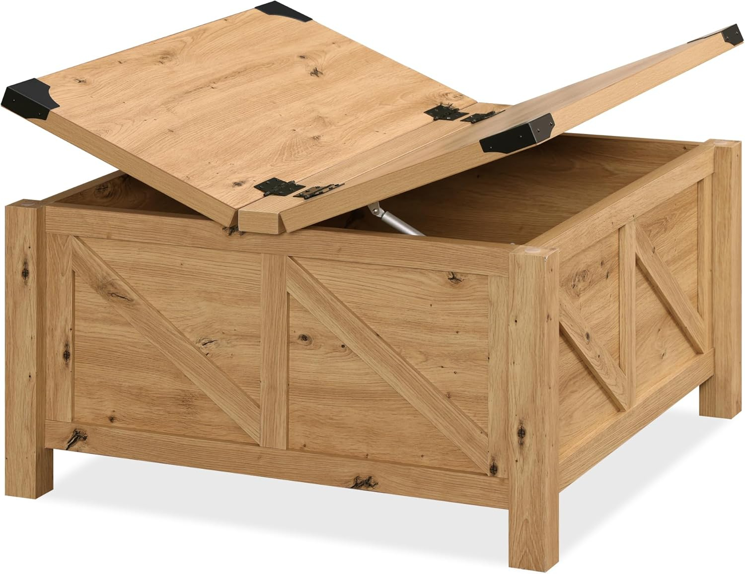 WAMPAT Square Farmhouse Coffee Table with Storage for Living Room, 30x30 inch Wooden Dining Center Table with Gas Spring Flip-Top for Large Hidden Storage, Metal Wrapped Table Corners,Oak