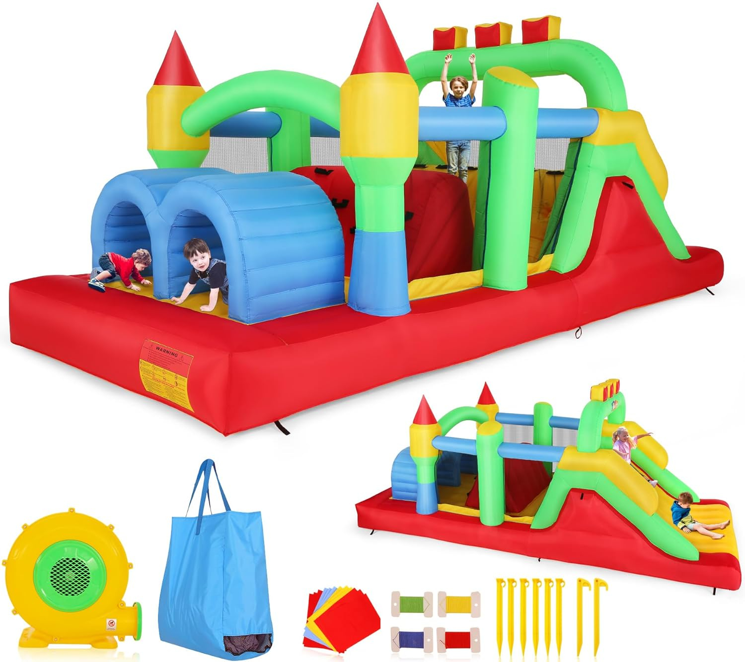 Whubefy Bounce House for Big Kids 8-12, 18 x 8.2FT Kids 3-6 Inflatable Obstacle Course w/Dual Tunnels, Large Slide, Climbing, Obstacles and Bounce Area Castle for Birthday Party, Fun Racing Game