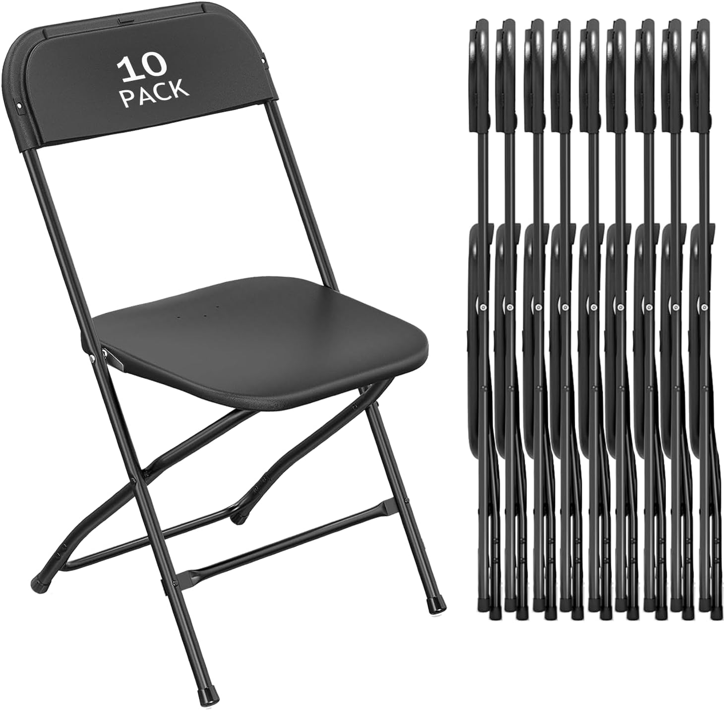 10 Pack Black Plastic Folding Chair for Indoor Outdoor, 350 lb Capacity, Foldable Commercial Stacking Chairs with Steel Frame for Office Wedding Party Events