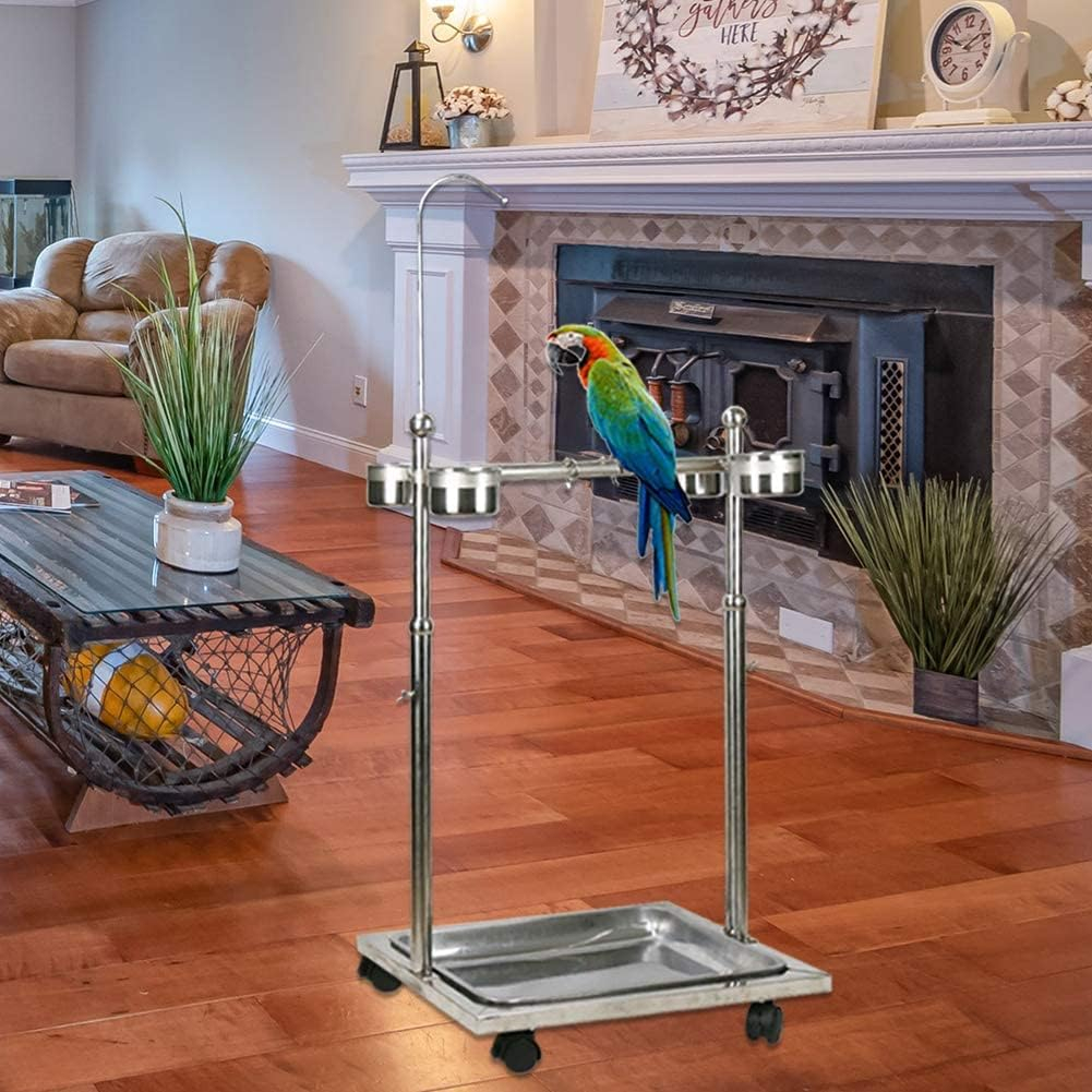 Adjustable Stainless Steel Bird Perch Stand with Wheels