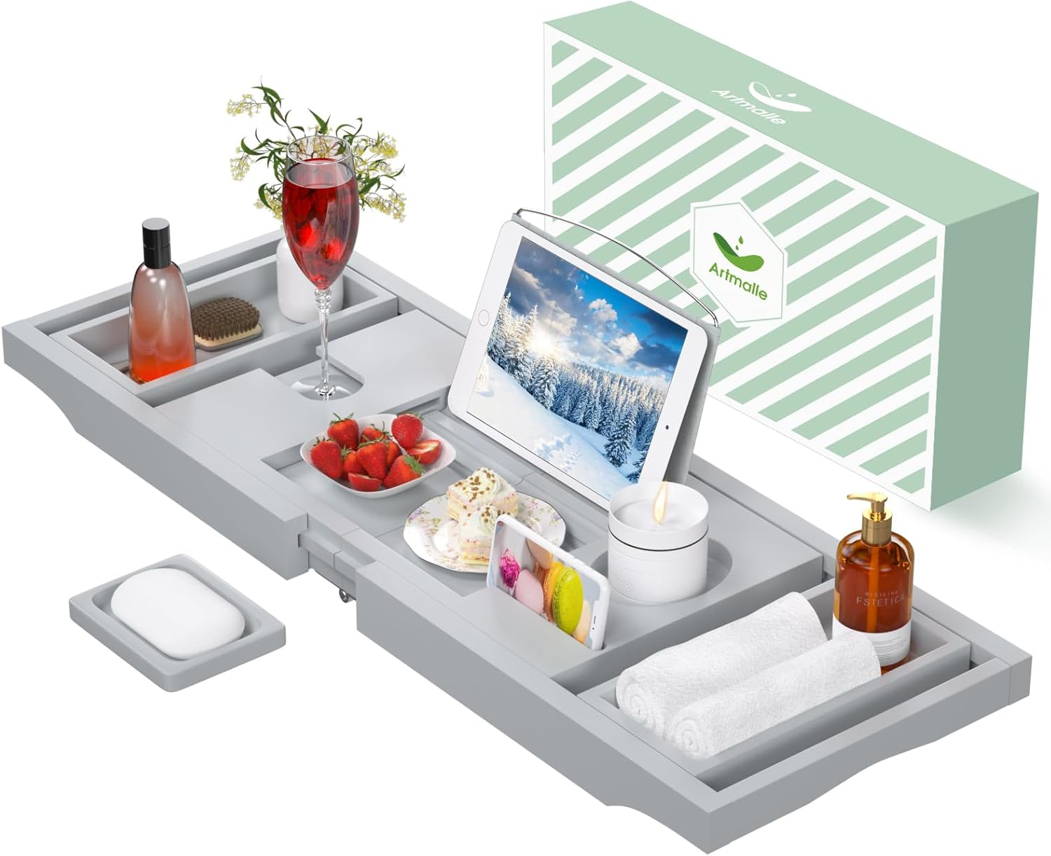 Artmalle Bathtub Tray Bath Caddy for Tub - Bamboo Adjustale Organizer Tray Bath Table for Bathroom, Foldable Luxury Tub Tray with Book Holder for Home Spa and Gift Choice, Gray