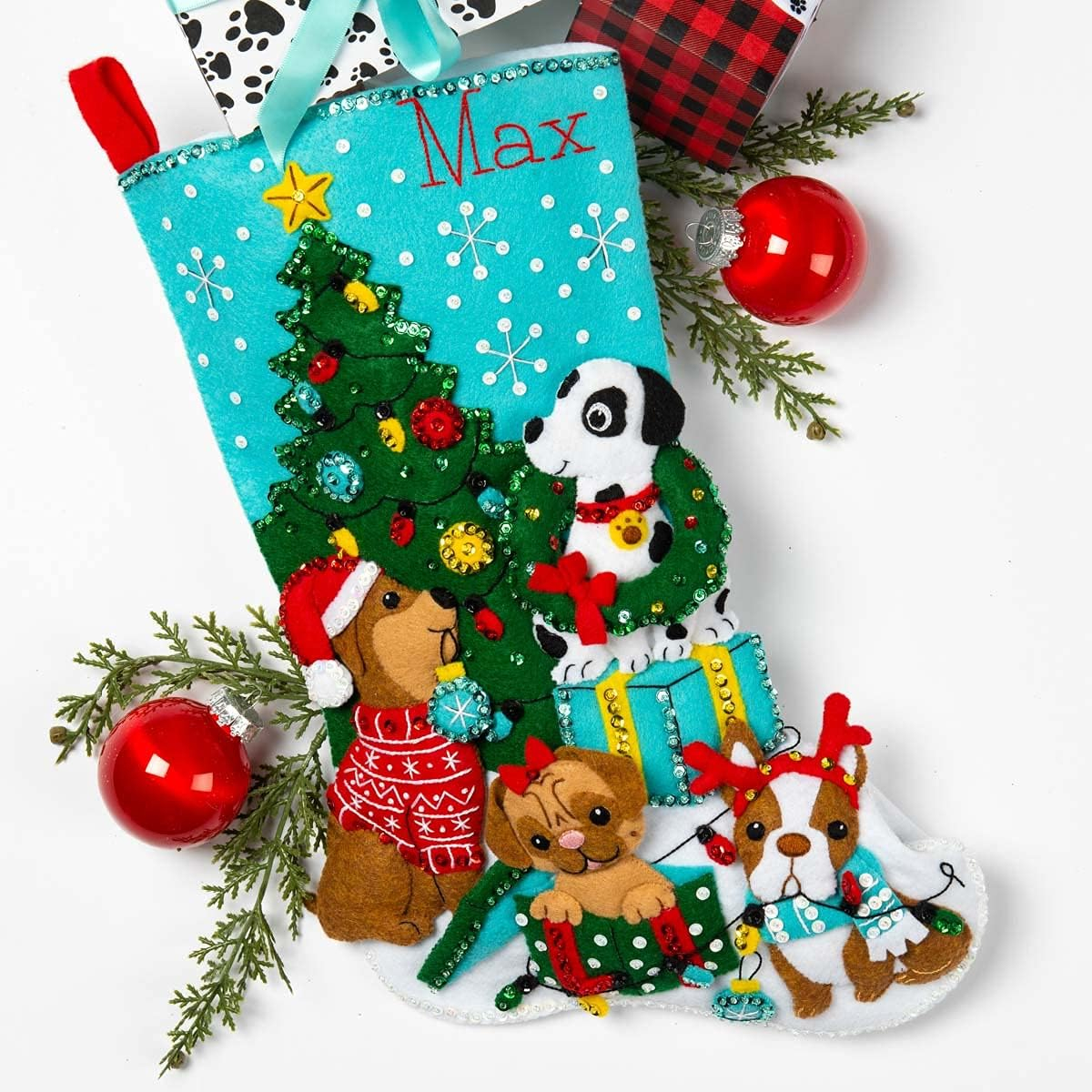 Bucilla Felt Applique DIY Christmas Stocking Kit, Christmas Dogs, 18"