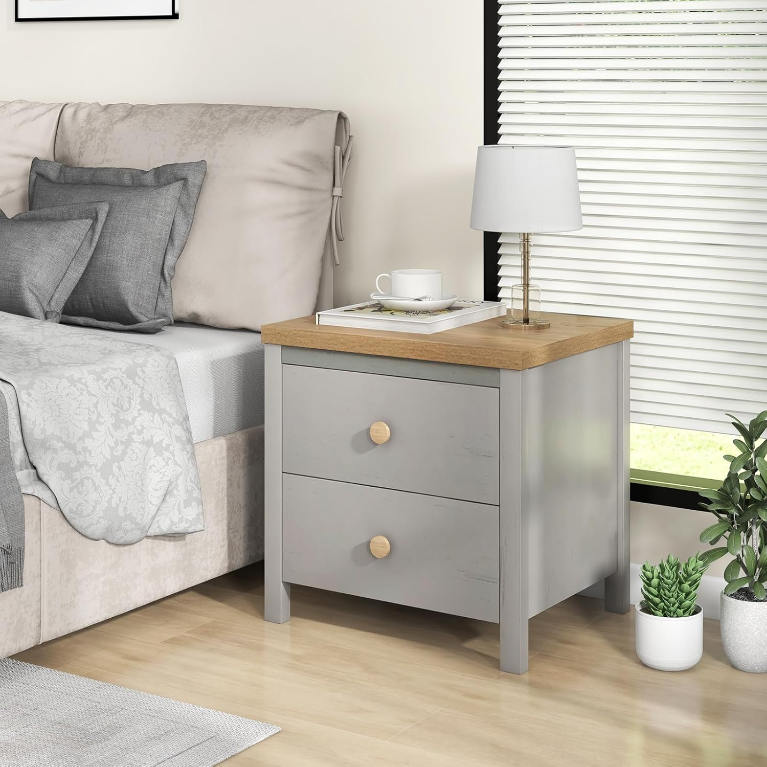 Giantex Night Stand with 2 Drawers, Farmhouse Bedside Table with Cute Round Knobs, Wooden Floor End Table with Rubber Wood Legs, Small Sofa Side Table for Small Space Kids Bedroom College, Grey