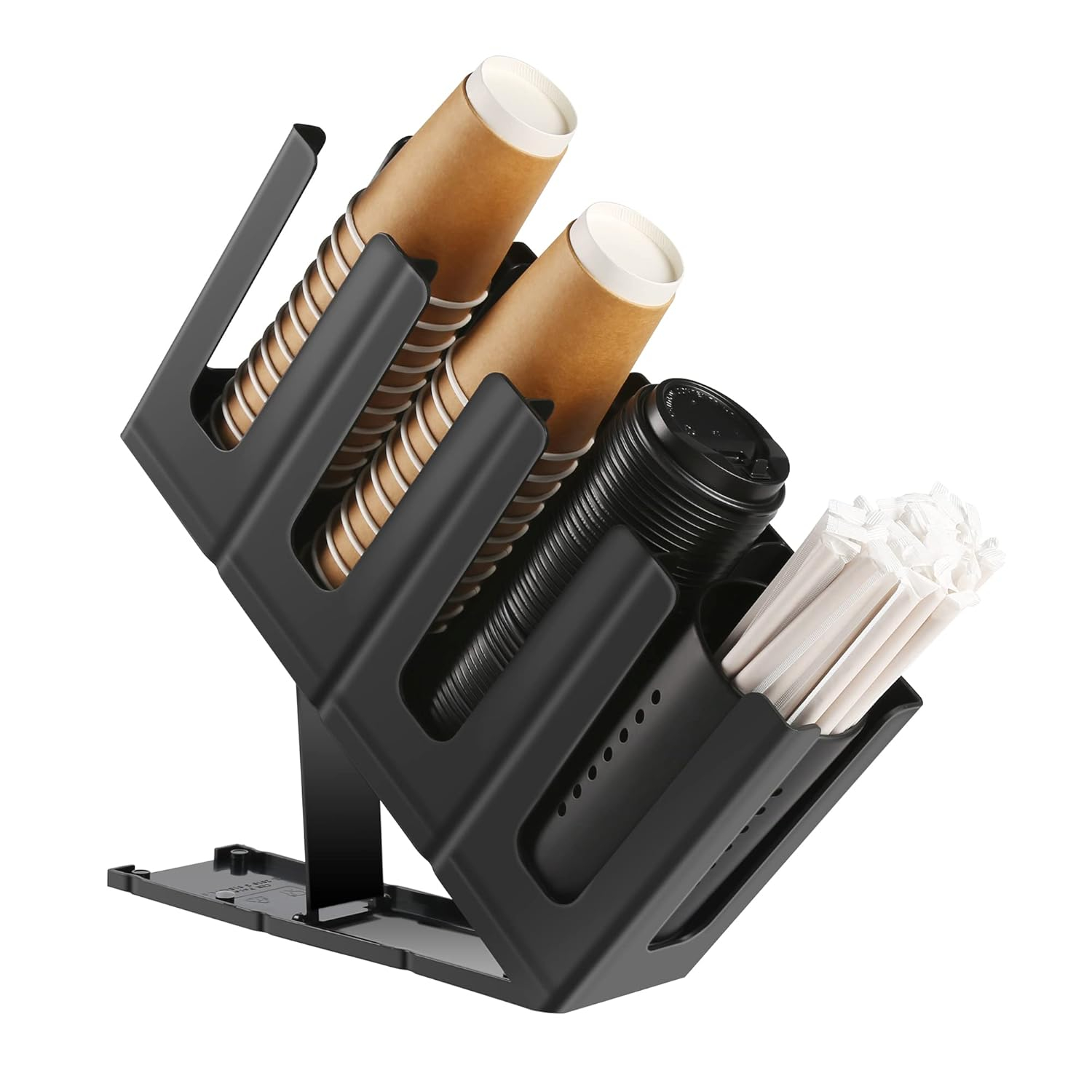 Paper Cup and Lid Holder with Straw Organizer, Disposable Coffee Cup Dispenser for Countertop Coffee Station Bar Restaurant Breakroom, Black