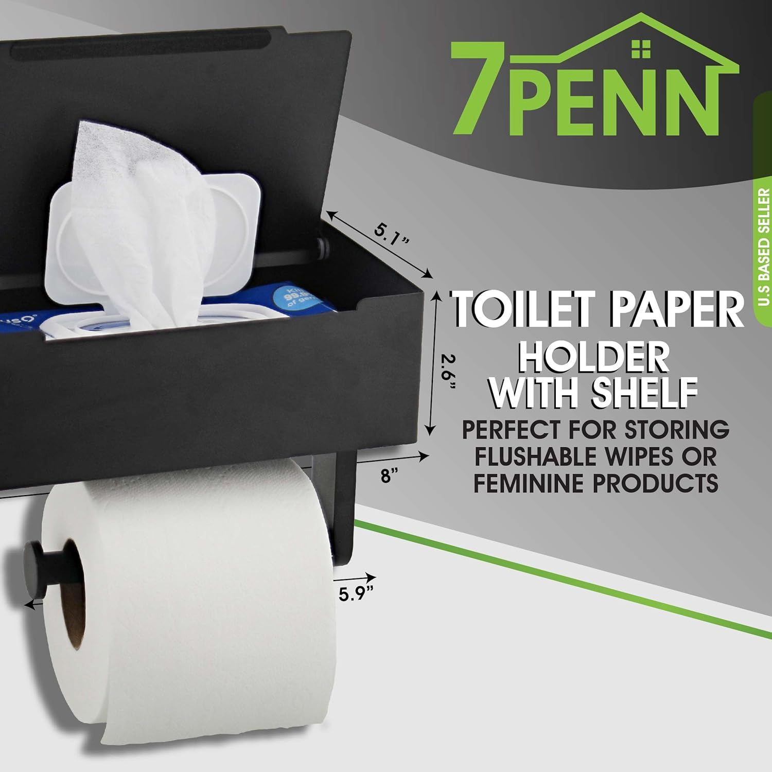 7Penn Bathroom Organizer - Matte Black Toilet Paper Holder with Shelf and Flushable Wipes Dispenser Storage Compartment