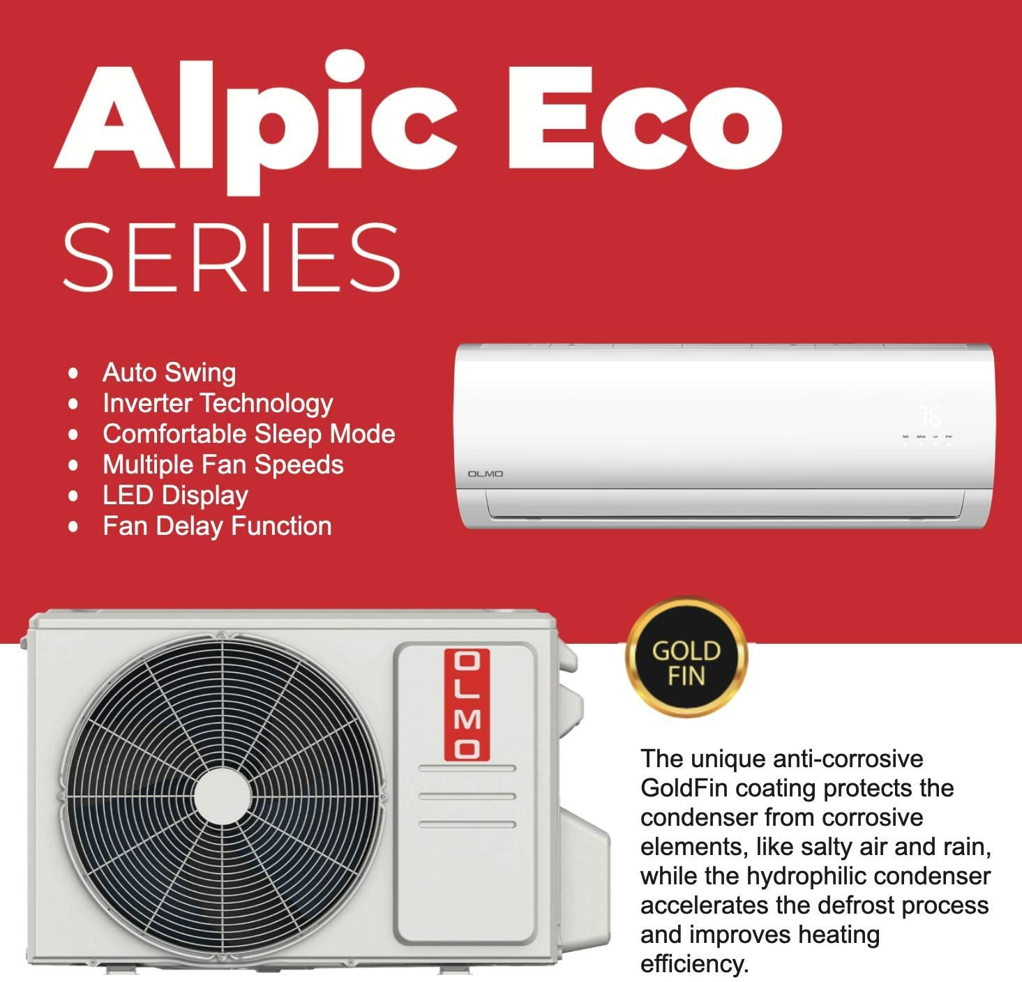 OLMO Alpic 24000 BTU Ductless Mini Split Air Conditioner Heating and Cooling Full Set with 16ft Installation Kit
