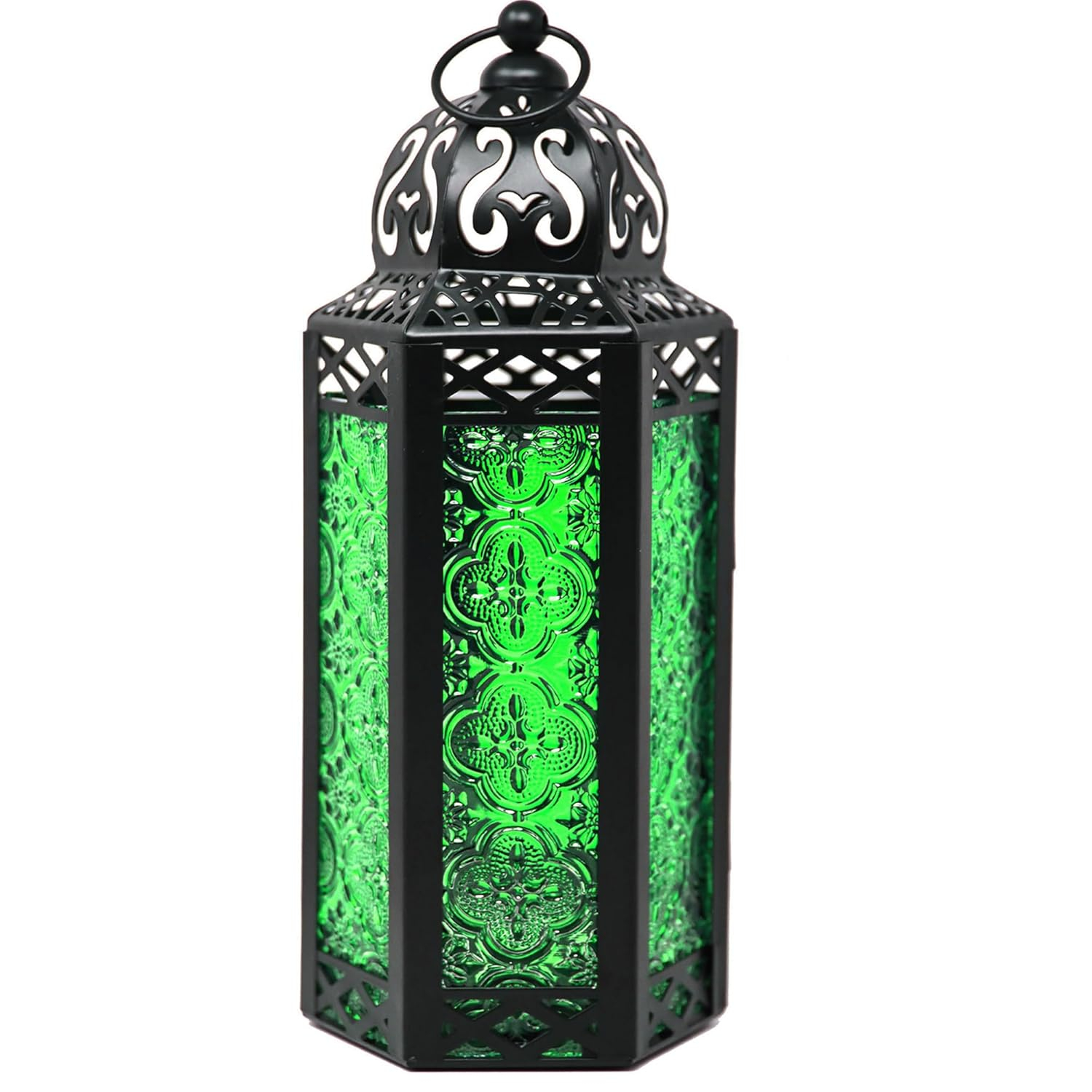 10.5" Medium Moroccan Lantern Candle Holder – Black with Green Glass, Metal Decorative Lamp for Indoor/Outdoor Patio or Porch Use, Home Decor, Ramadan, Weddings